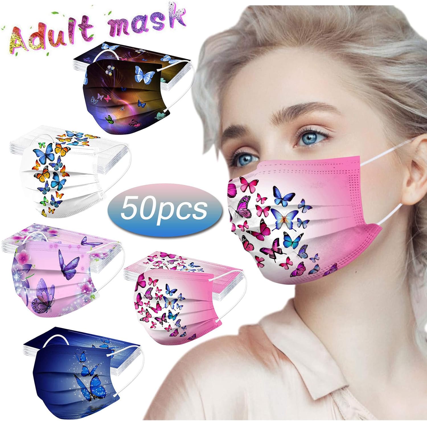 BOFFO 50 bandanas faciales con patrón de mariposa con filtro facial de 3 capas con cinta elástica para las orejas, transpirables con patrón de