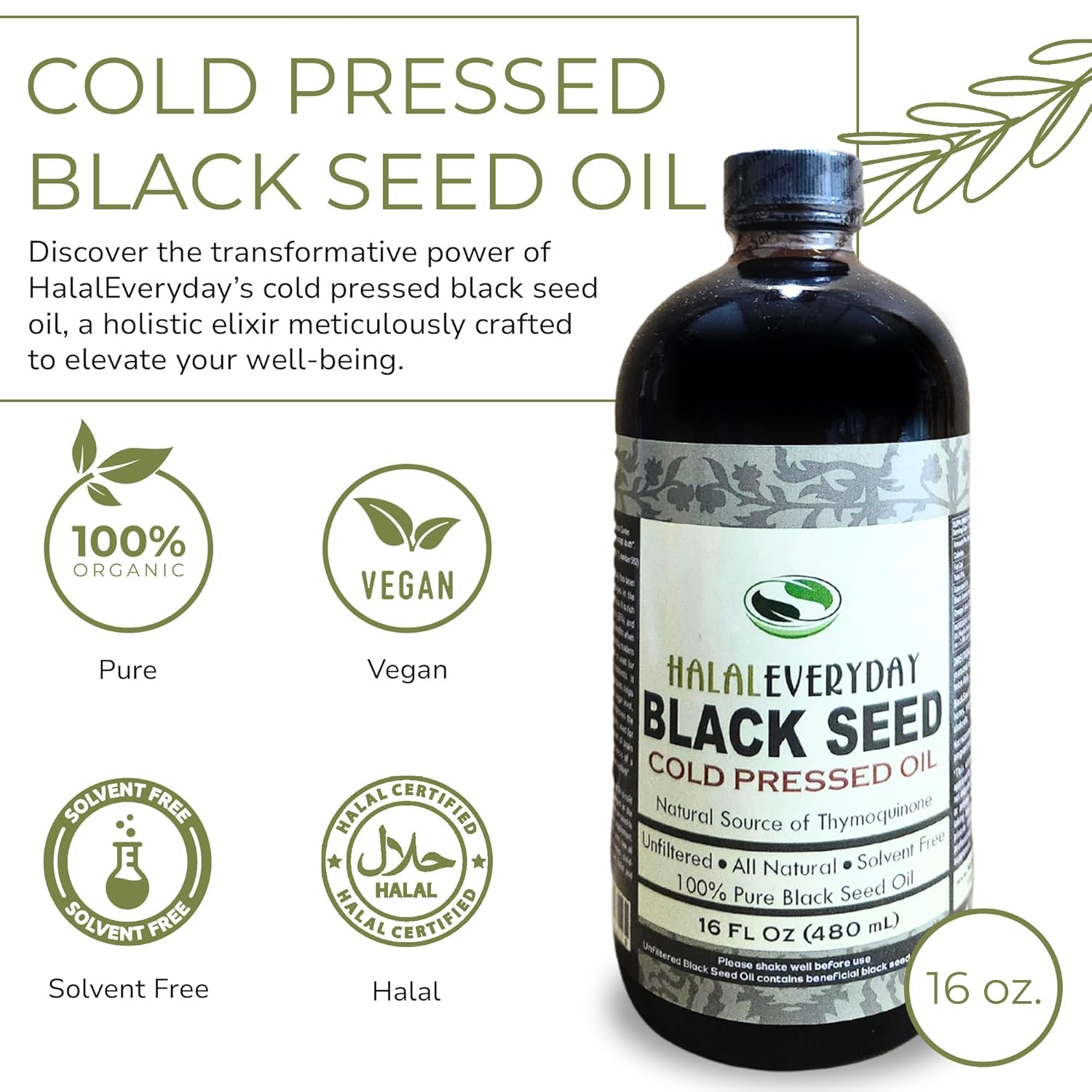 HalalEveryDay – Aceite de semilla negra prensado en frío, aceite de semillas negras para el cabello, la piel, el cuidado de las articulaciones,