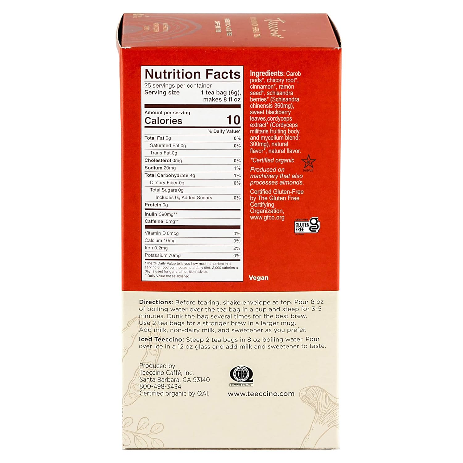 Teeccino Cordyceps Schisandra Tea – Cinnamon Berry – Té de hierbas adaptogénico de hongos sin cafeína, 3 veces más hierbas que las bolsas de té