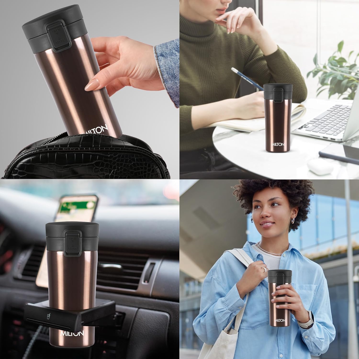 MILTON Taza de café aislada al vacío de doble pared con tapa a prueba de fugas, tazas de café reutilizables  Taza de café de viaje para automóvil