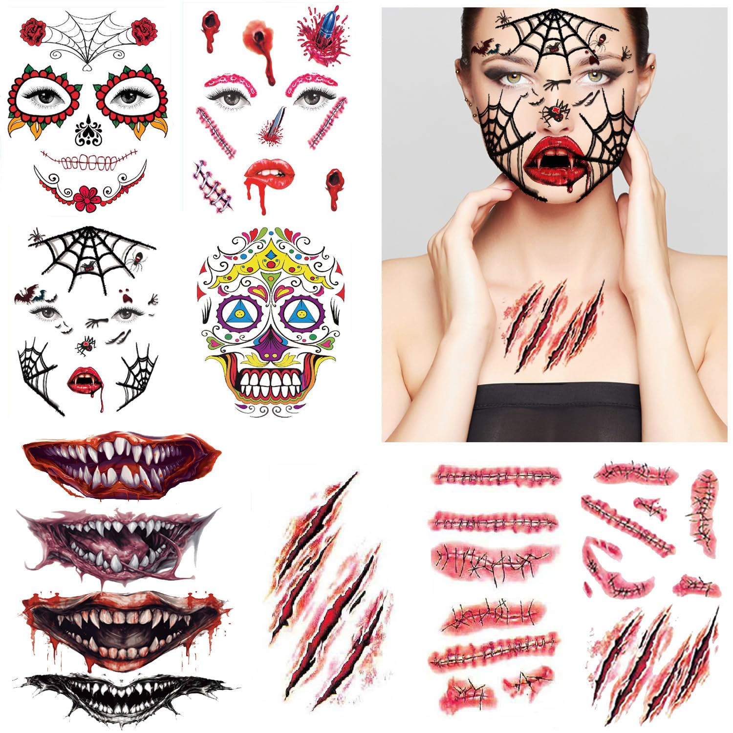 Tatuajes faciales adhesivos de Halloween para la cara, tatuajes temporales para adultos, calcomanías de maquillaje para fiesta de Halloween, kit de