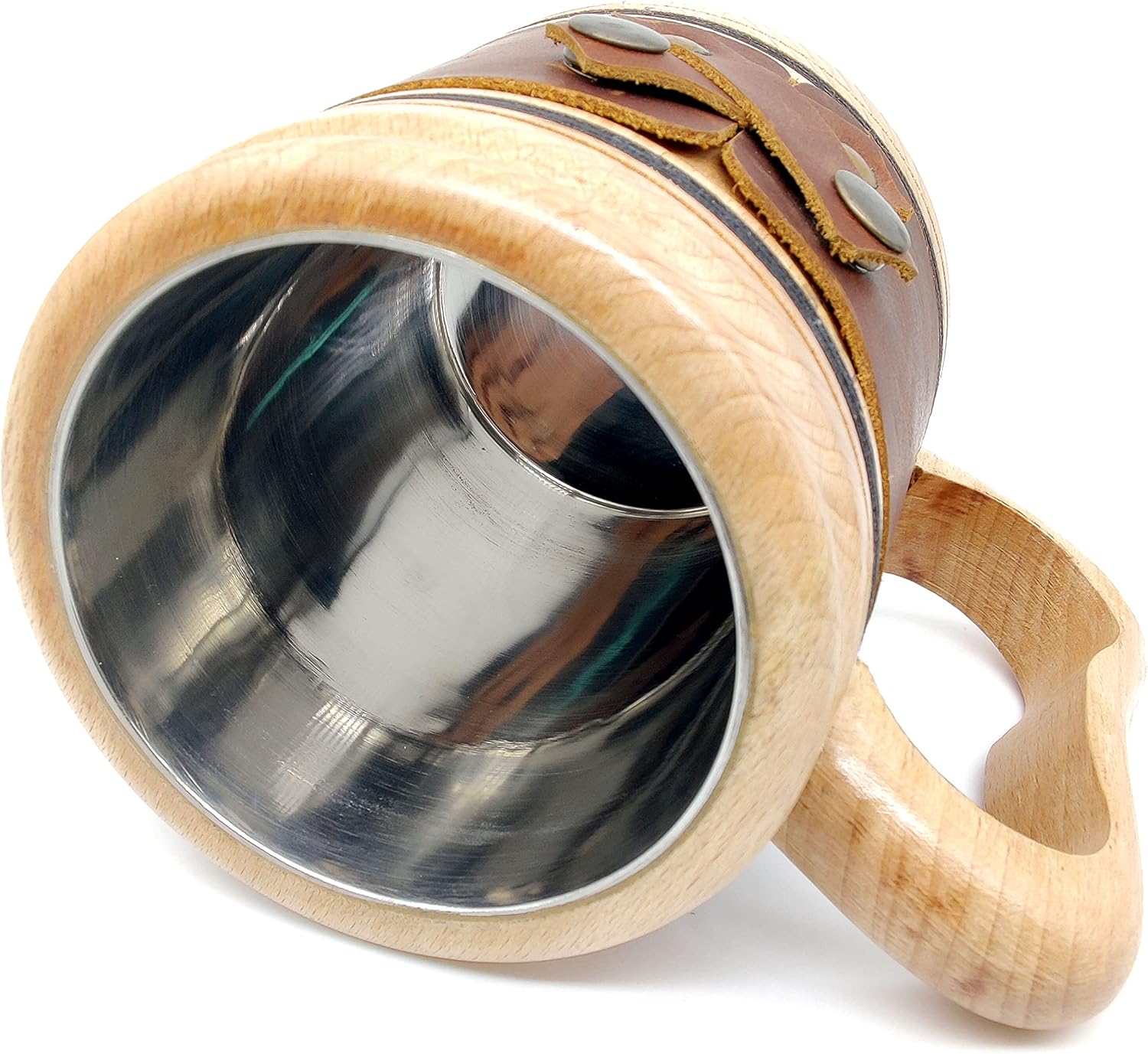 Taza de cerveza de madera hecha a mano, taza de acero inoxidable, jarra de cerveza natural tallada, barril antiguo, accesorios de barra vintage
