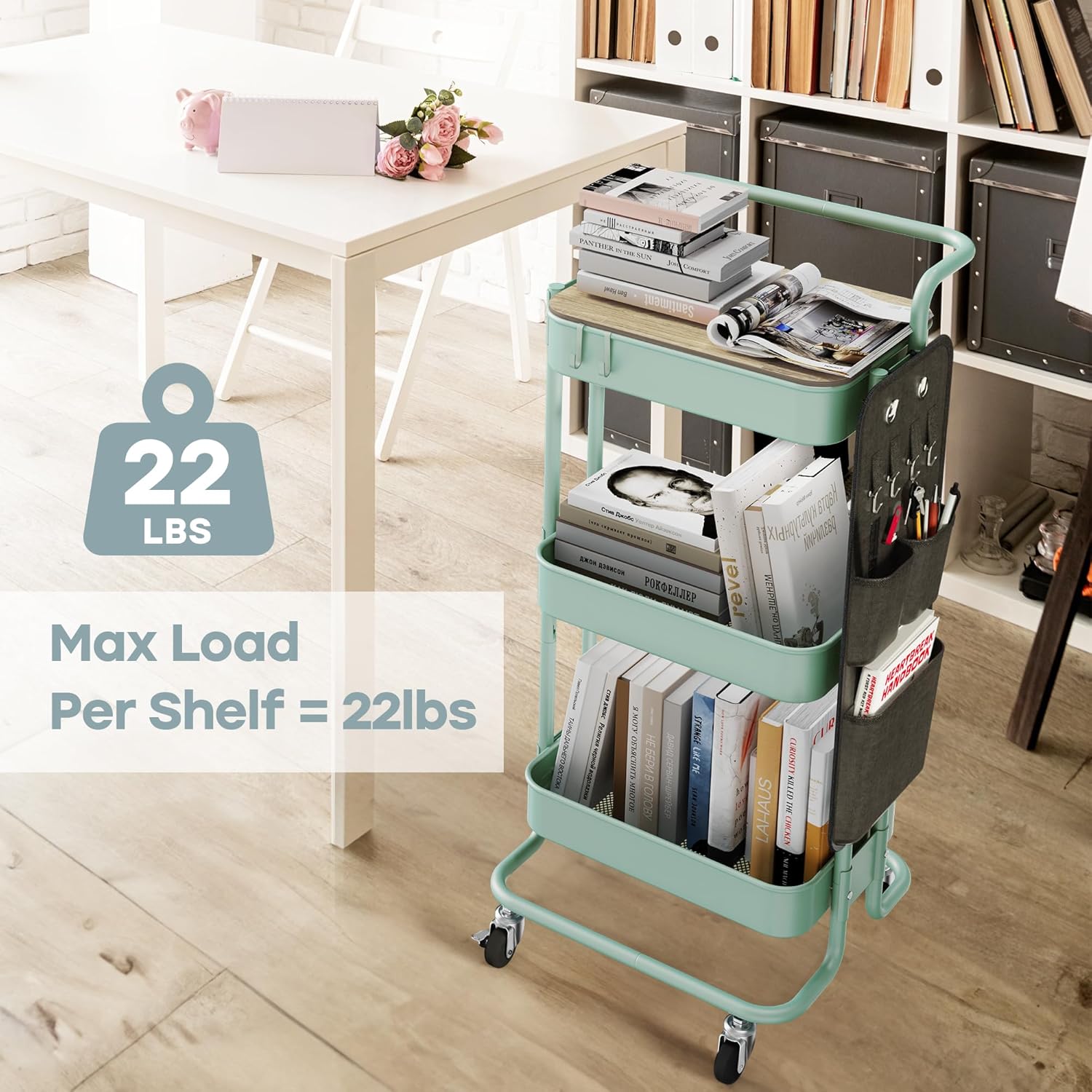 DTK Carrito de metal de 3 niveles con mesa y bolsas laterales, carrito organizador de almacenamiento de bandeja de metal con ruedas, carrito de
