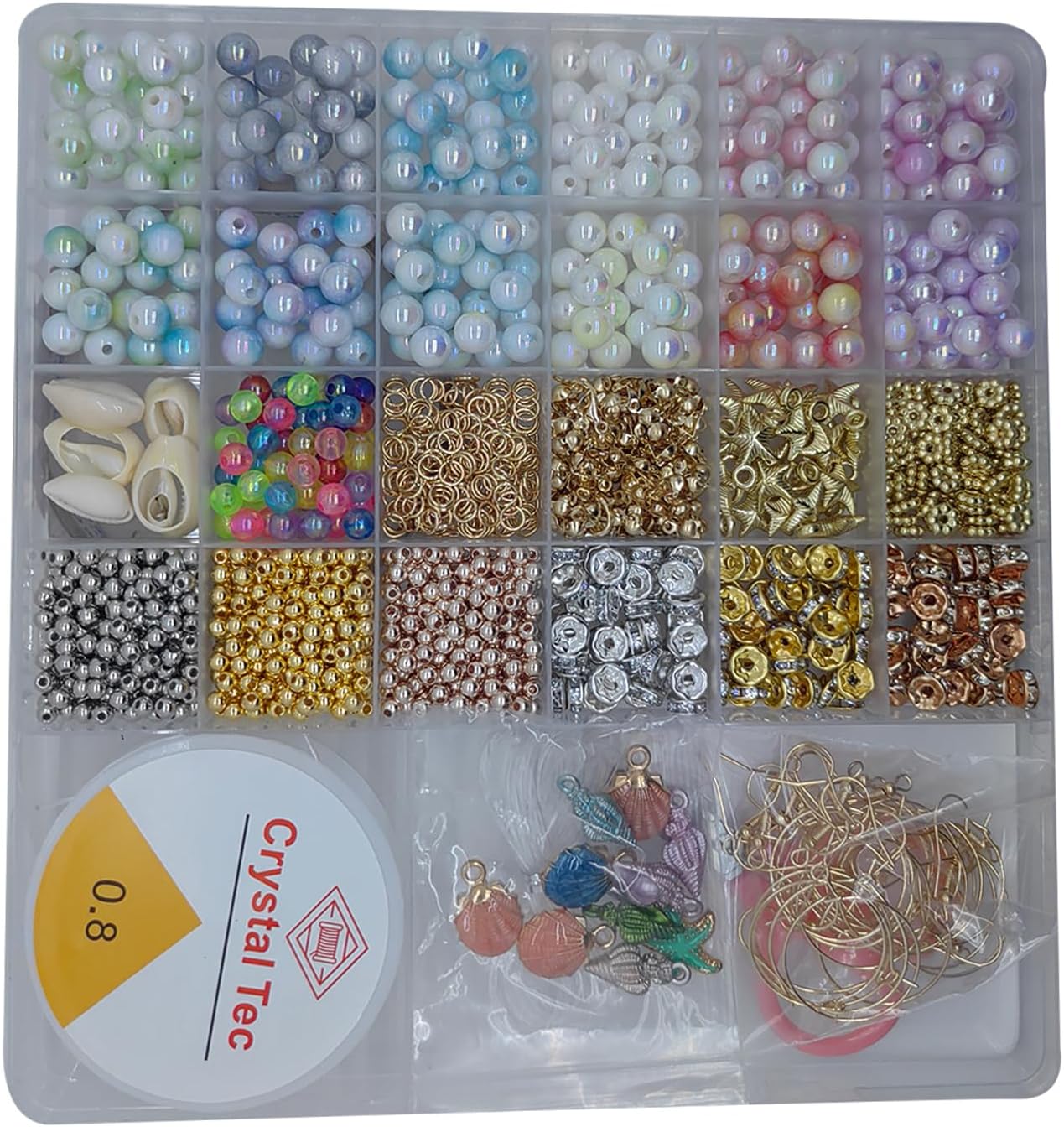 BCSAILVE Kit de fabricación de pulseras de la amistad, cuentas redondas de perlas brillantes, cuentas espaciadoras de diamantes de metal, dijes para