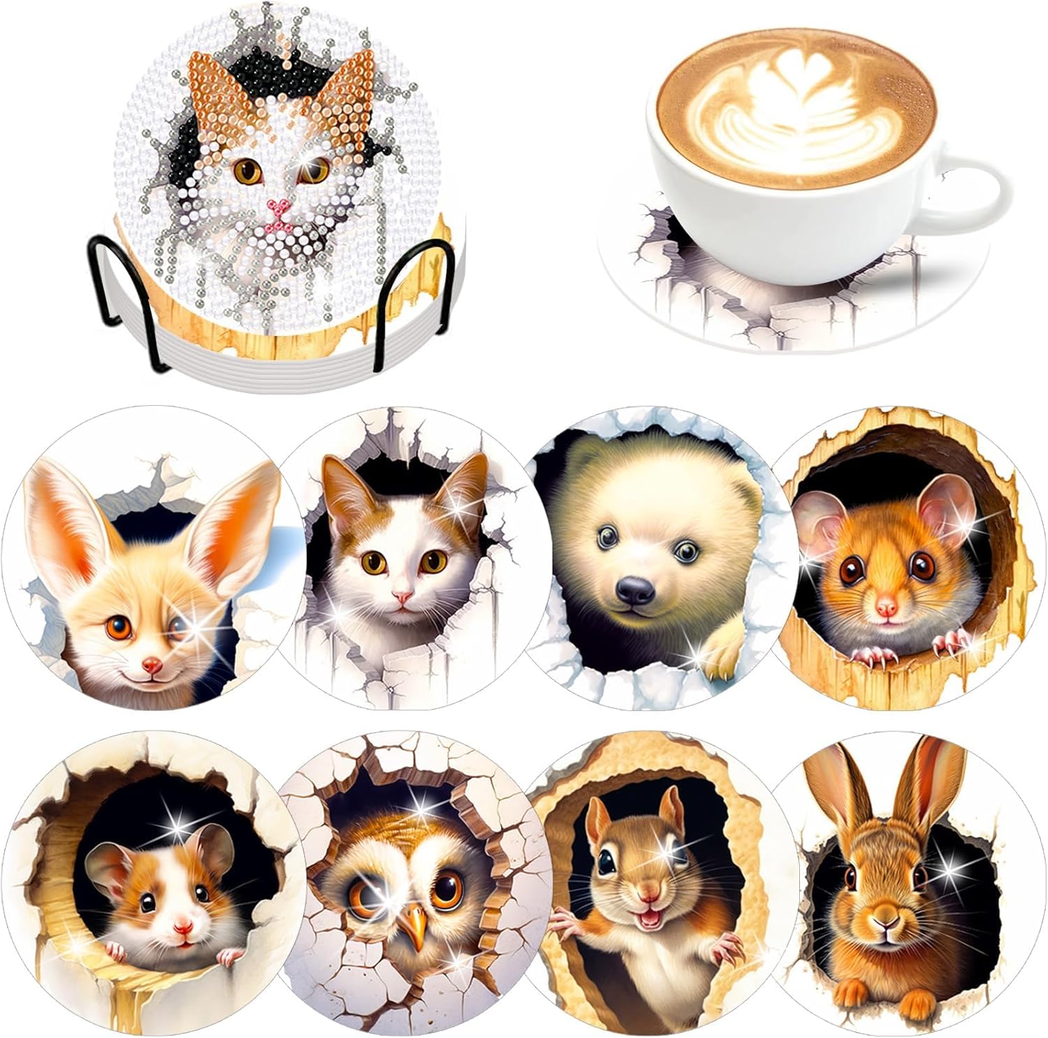 Denylo pro Juego de 8 posavasos con diseño de animales en 3D con soporte para manualidades, bonitos animales, posavasos antideslizantes para