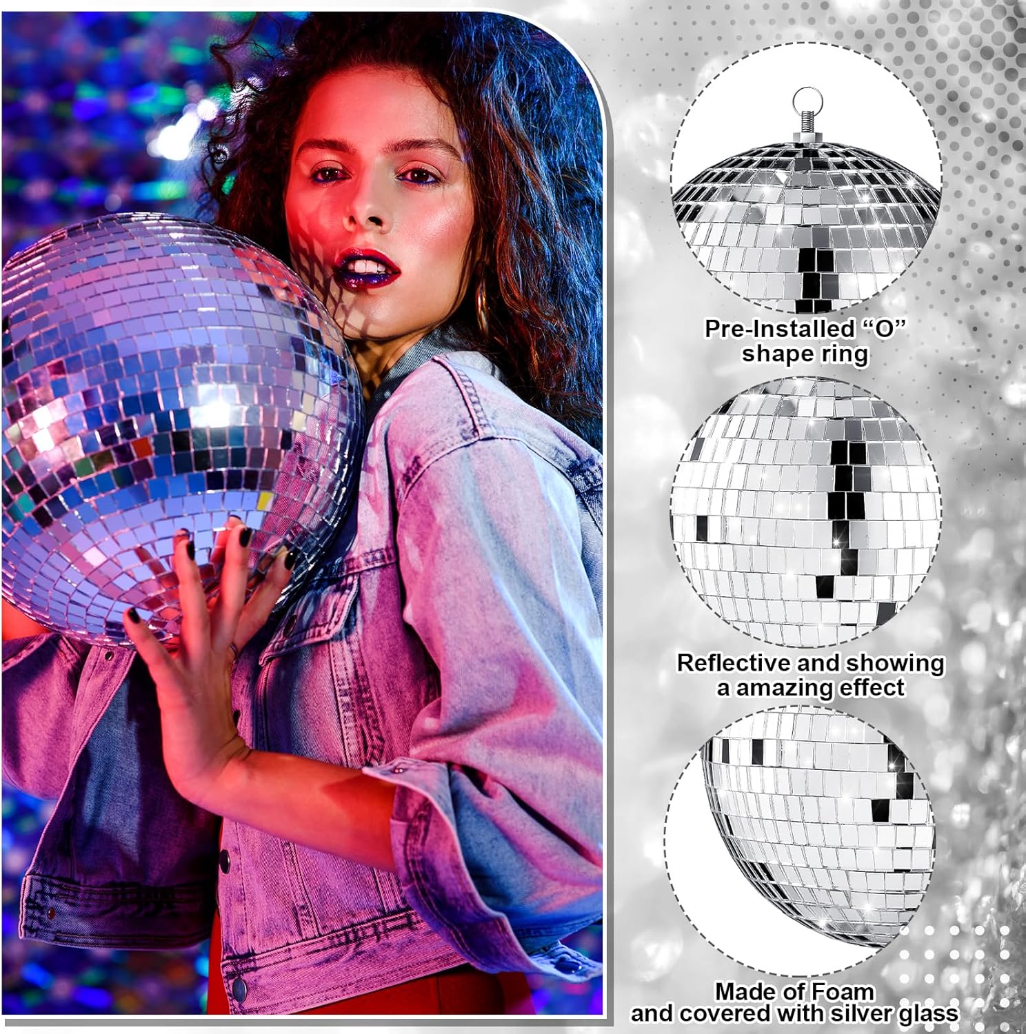 Juego de 8 bolas de discoteca grandes con espejo plateado, bolas reflectantes con anillo para colgar, adorno colgante de fiesta, decoración para
