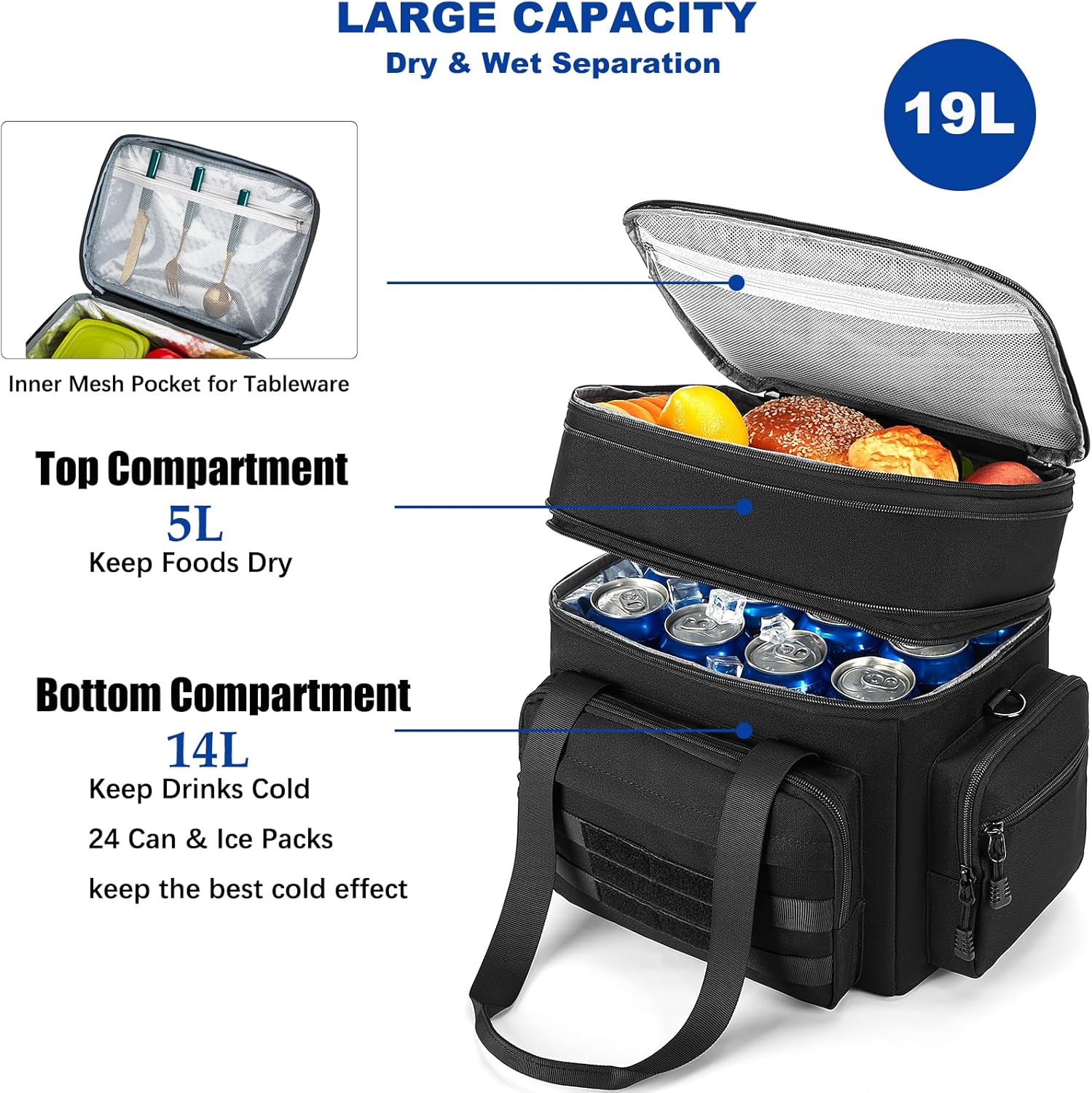 Lonchera táctica expandible para hombres, bolsa de almuerzo grande aislada con correa para el hombro, bolsa enfriadora de doble compartimento,
