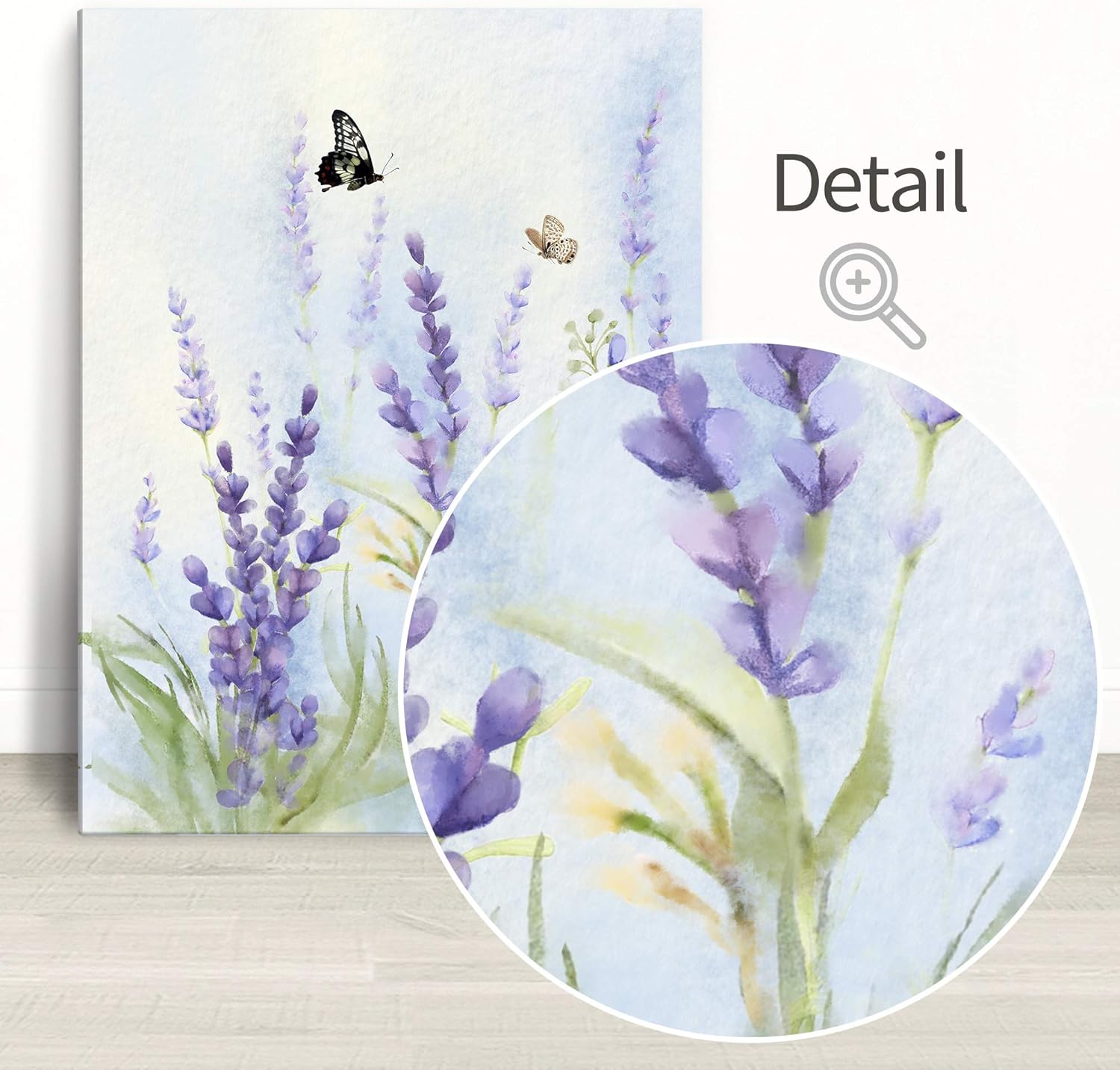 Slody Arte de pared morado con estampado de flores modernas de lavanda, cuadro floral de mariposa, paisaje de primavera, arte botánico enmarcado