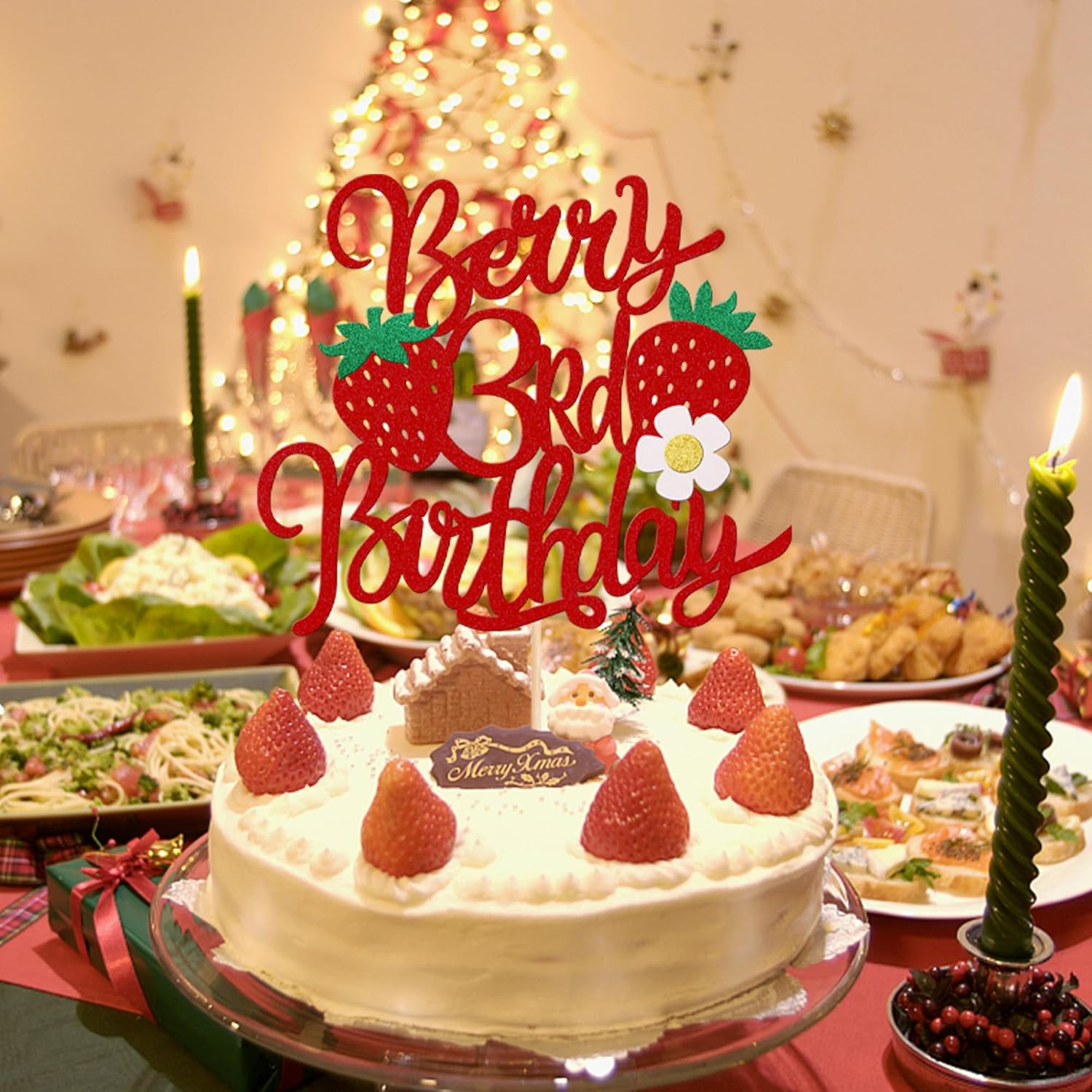 1 pieza de fresa y bayas para pastel de tercer cumpleaños con purpurina y tema de fruta dulce, selección de pastel de fresa para temática de fresa,