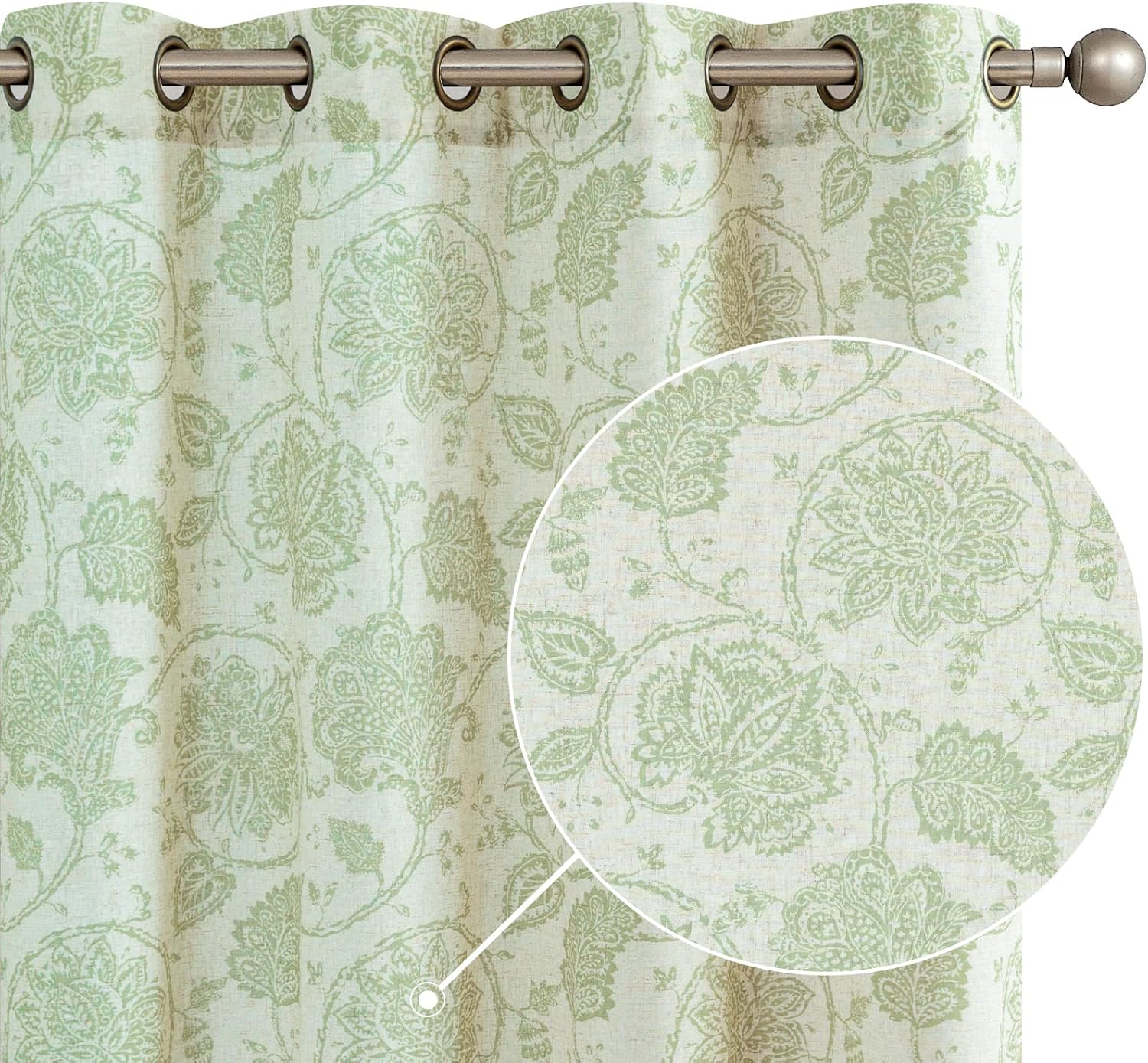 jinchan Cortinas de lino para sala de estar, cortinas con estampado de cachemira floral verde de 84 pulgadas de largo, cortinas Ikat filtrantes de