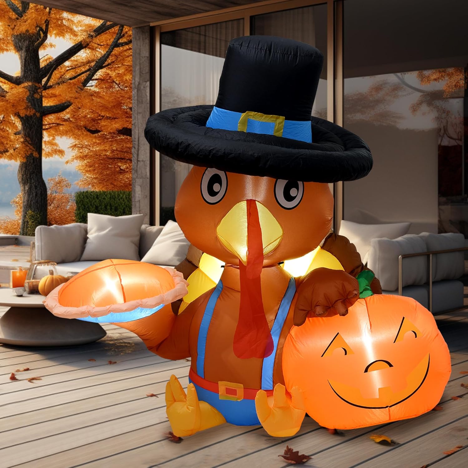 HEISOK Decoraciones inflables de pavo de Acción de Gracias, pavo inflable de 6 pies con calabaza, luces LED integradas, pavo inflable para