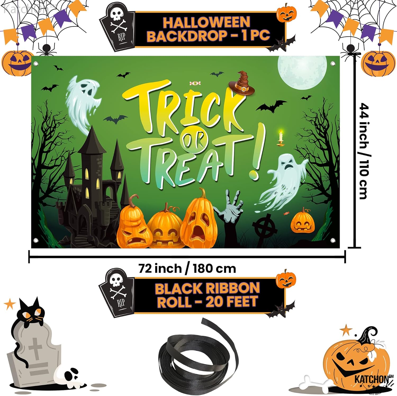 Fondo extragrande de Halloween para fotografía de 72 x 44 pulgadas, 2 piezas, pancarta naranja de feliz Halloween, cartel de truco o trato,