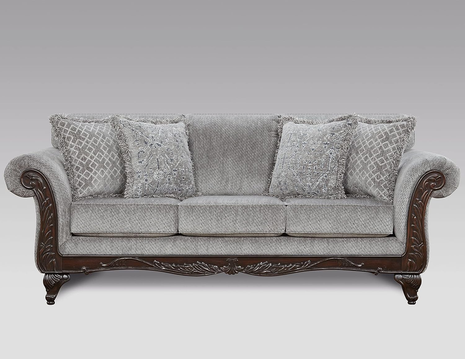 Roundhill Furniture Hernen – Juego de sofá y sofá biplaza con marco de madera tallada, color gris