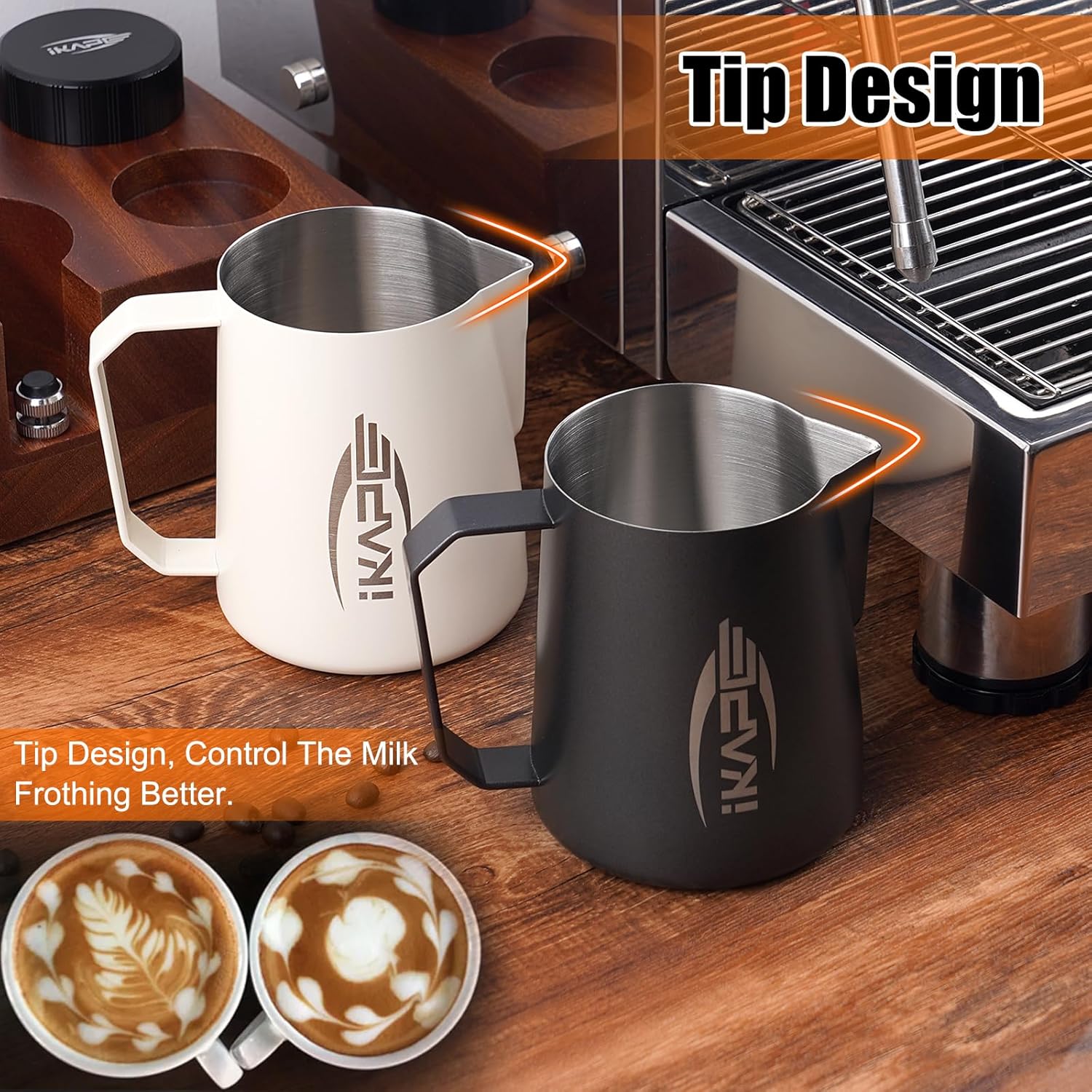 IKAPE Productos de café, jarra de espuma de leche de 20.3 fl oz, jarras de vapor de leche de acero inoxidable, café con leche, café con leche,