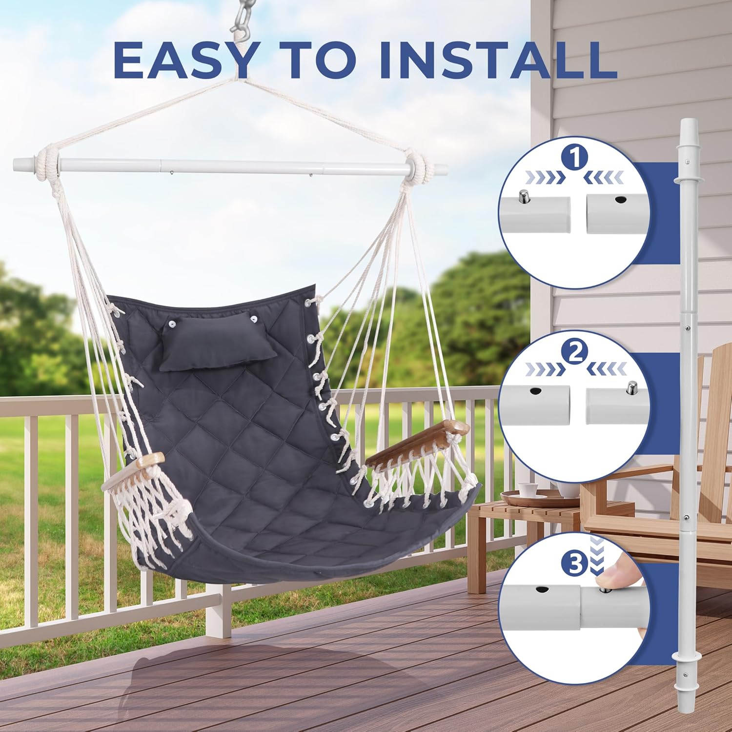 Hammock Chair Hanging Swing with Wooden ArmrestsSteel Spreader Bar,Pillows,Hardware kit IncludedCotton Woven FabricUp to 350 Lbs,for Indoor or