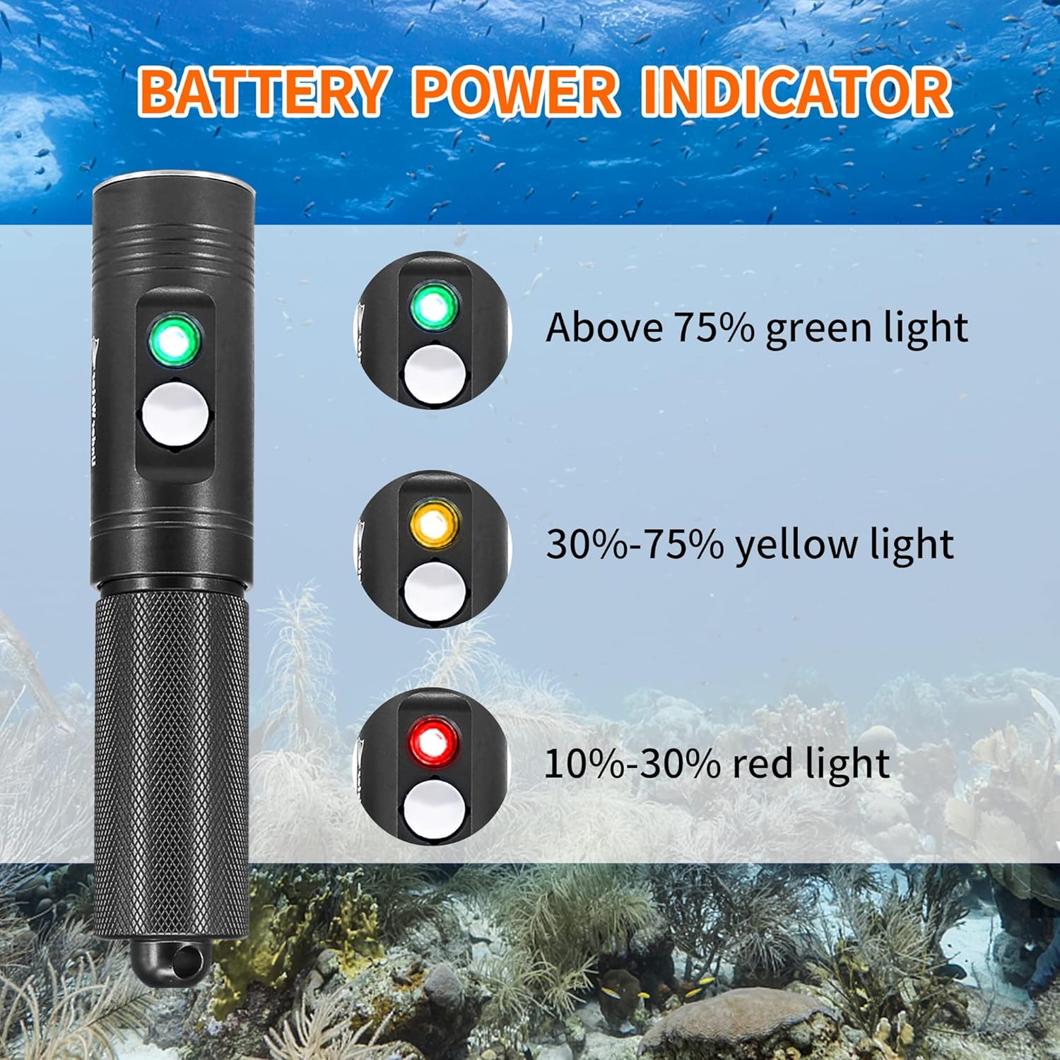ARCHON Linterna de buceo de 1200 lúmenes, luz de buceo impermeable con indicador de potencia, haz estrecho y cargador USB, antorcha negra para