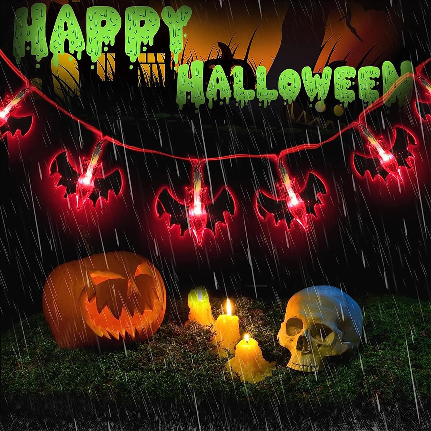 KITCHSTAR Guirnalda de luces de Halloween a pilas de 9.8 pies, 20 luces LED 3D de murciélagos de Halloween, 2 modos de luz, luces de decoración de