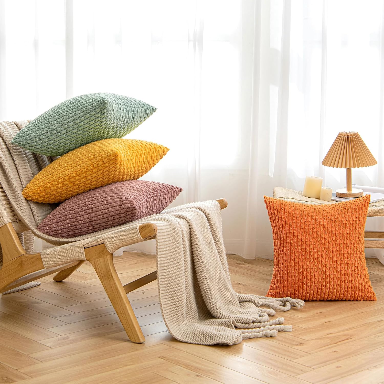 EMEMA Juego de 2 fundas de almohada de otoño de 16 x 16 pulgadas, fundas de almohada cuadradas de pana suave a rayas, decoración del hogar rural