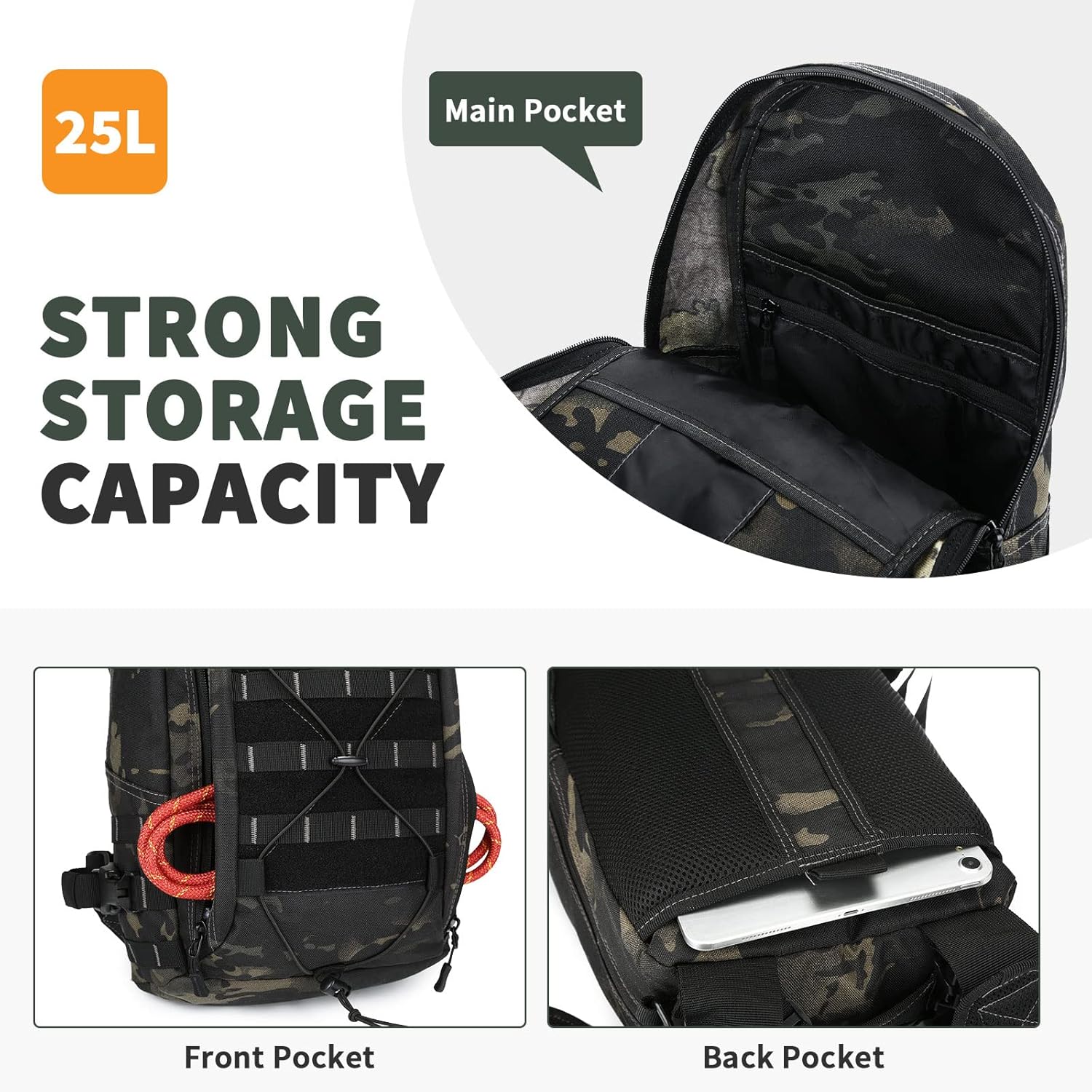 HUNTVP Mochila militar MOLLE para caza, mochila táctica Backpck Assault Pack se puede fijar con el chaleco y el cinturón, Camo Negro, Mochilas de