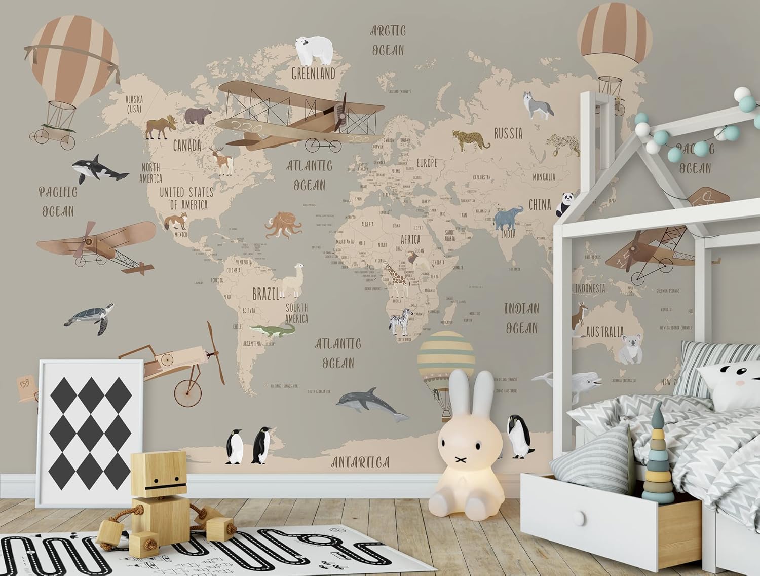 Kids Map Wallpaper World Map Wall Mural Beige Map Wallpaper Map Wall Art Airplane Hot Air Balloon Wall Print Kids Room Wallpaper Mural