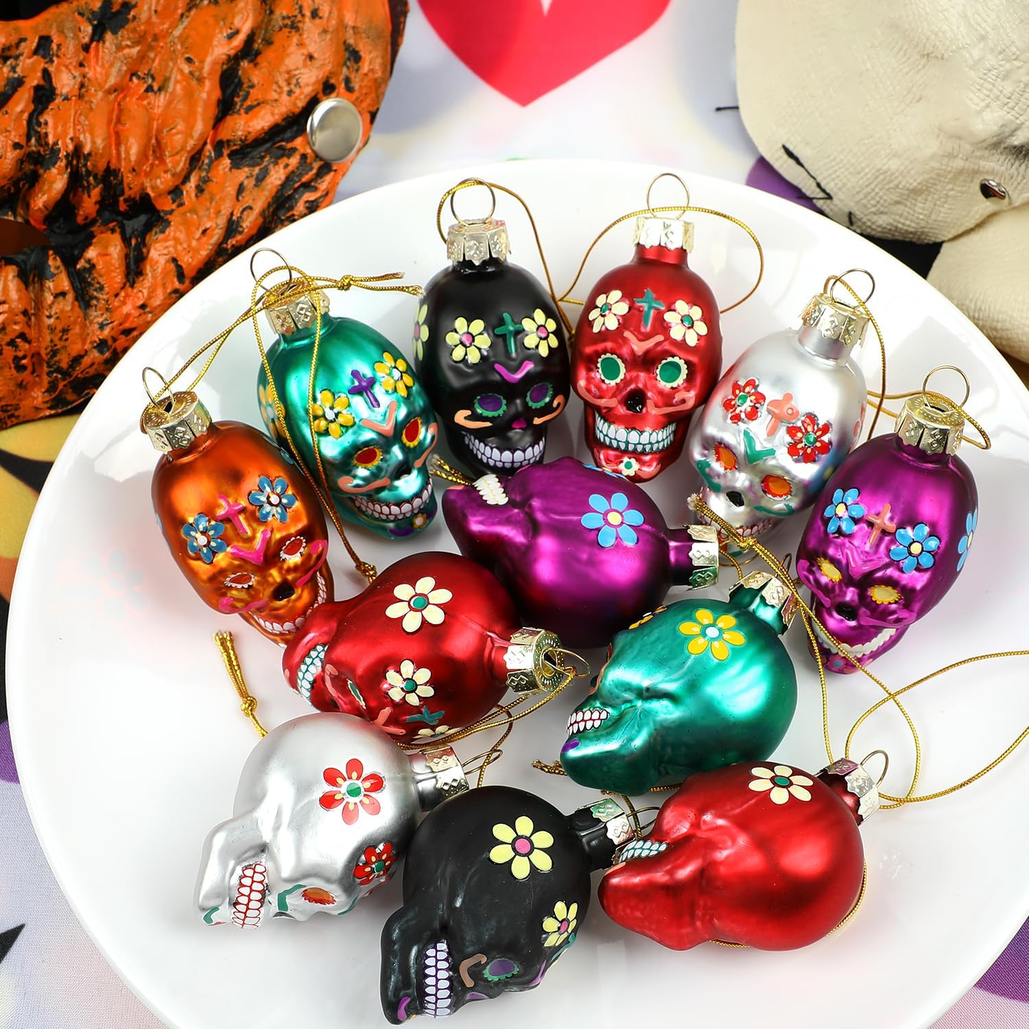 12 adornos de calavera de cristal del Día de los Muertos, adornos colgantes de calavera de azúcar para Halloween, decoración de cabeza de esqueleto