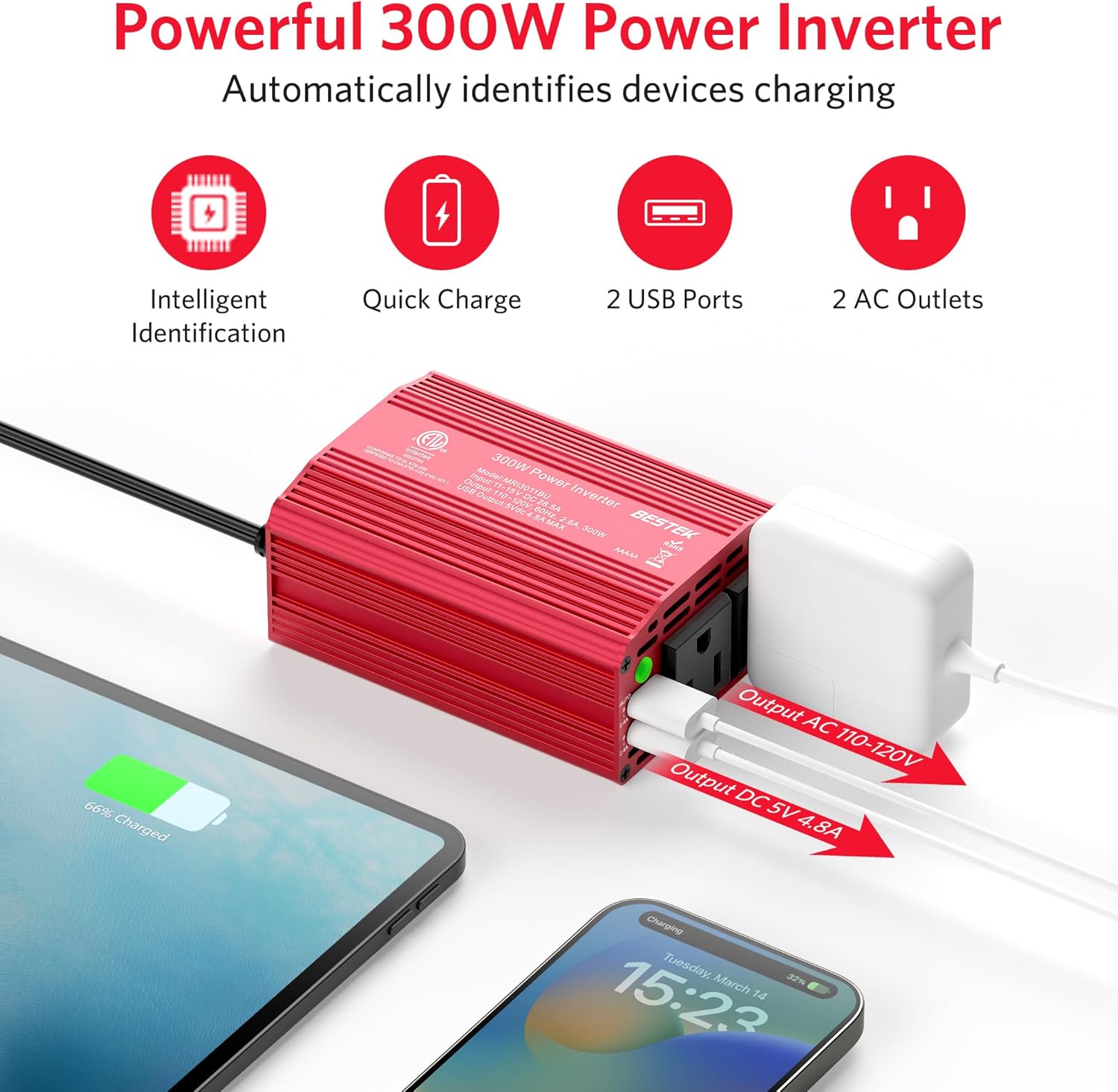 BESTEK Inversor de corriente de 300 W, convertidor de corriente CC de 12 V a 110 V CA, para máquina CPAP, nebulizador de asma, bomba de leche, carga