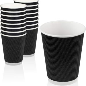 Fit Meal Prep Paquete de 50 tazas calientes desechables 12 onzas negras con aislamiento de doble pared con mangas onduladas para llevar, bebidas Fit Meal Prep Paquete de 50 tazas calientes desechables 12 onzas negras con aislamiento de doble pared con mangas onduladas para llevar, bebidas