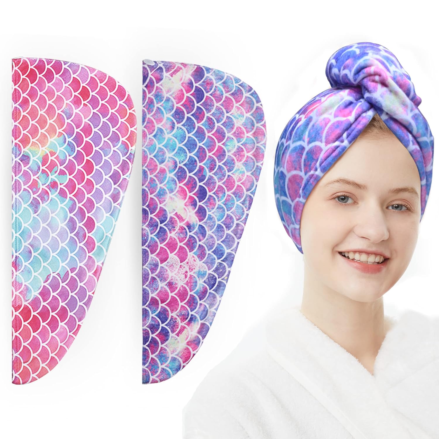 ELLEWIN Toalla de microfibra para el cabello para niños y niñas, paquete de 2 unidades de secado de turbante para mujeres, juego de toalla