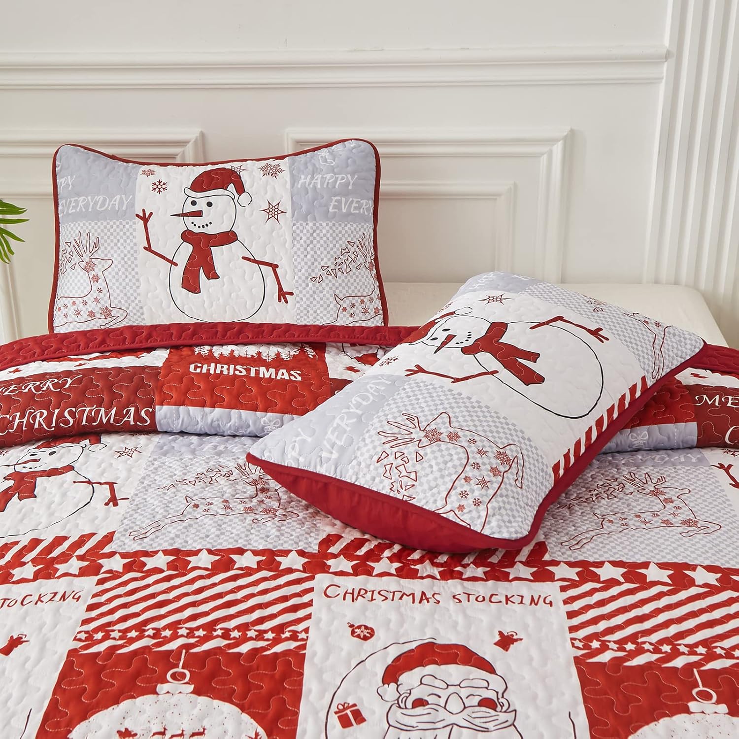 Juego de edredón de Navidad, tamaño Queen, color rojo, estampado de Papá Noel, muñeco de nieve, colcha de microfibra suave con 2 fundas de almohada