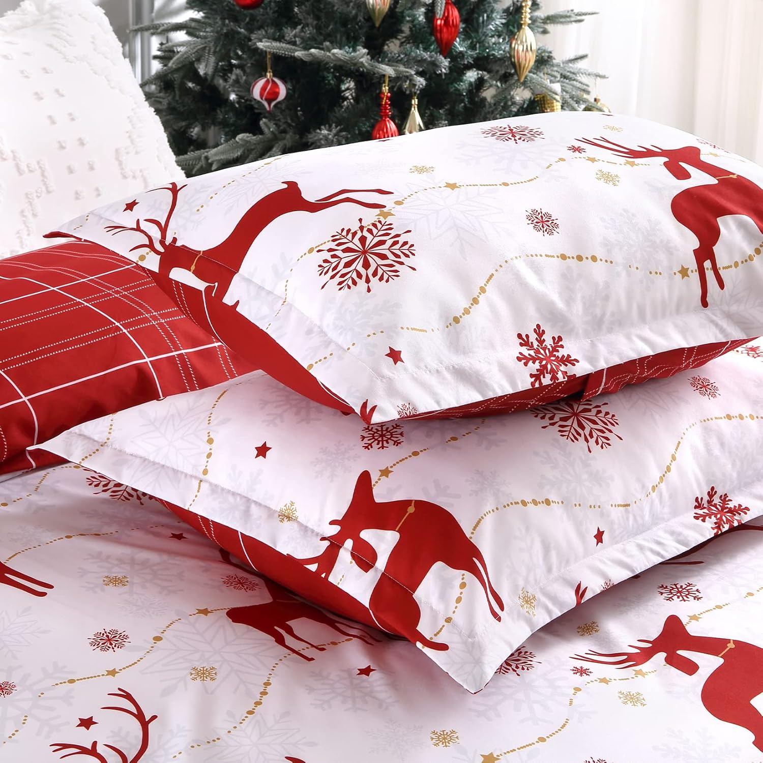 CAROMIO Juego de funda de edredón de Navidad tamaño individual, funda de edredón roja de microfibra suave, juego de funda de edredón reversible