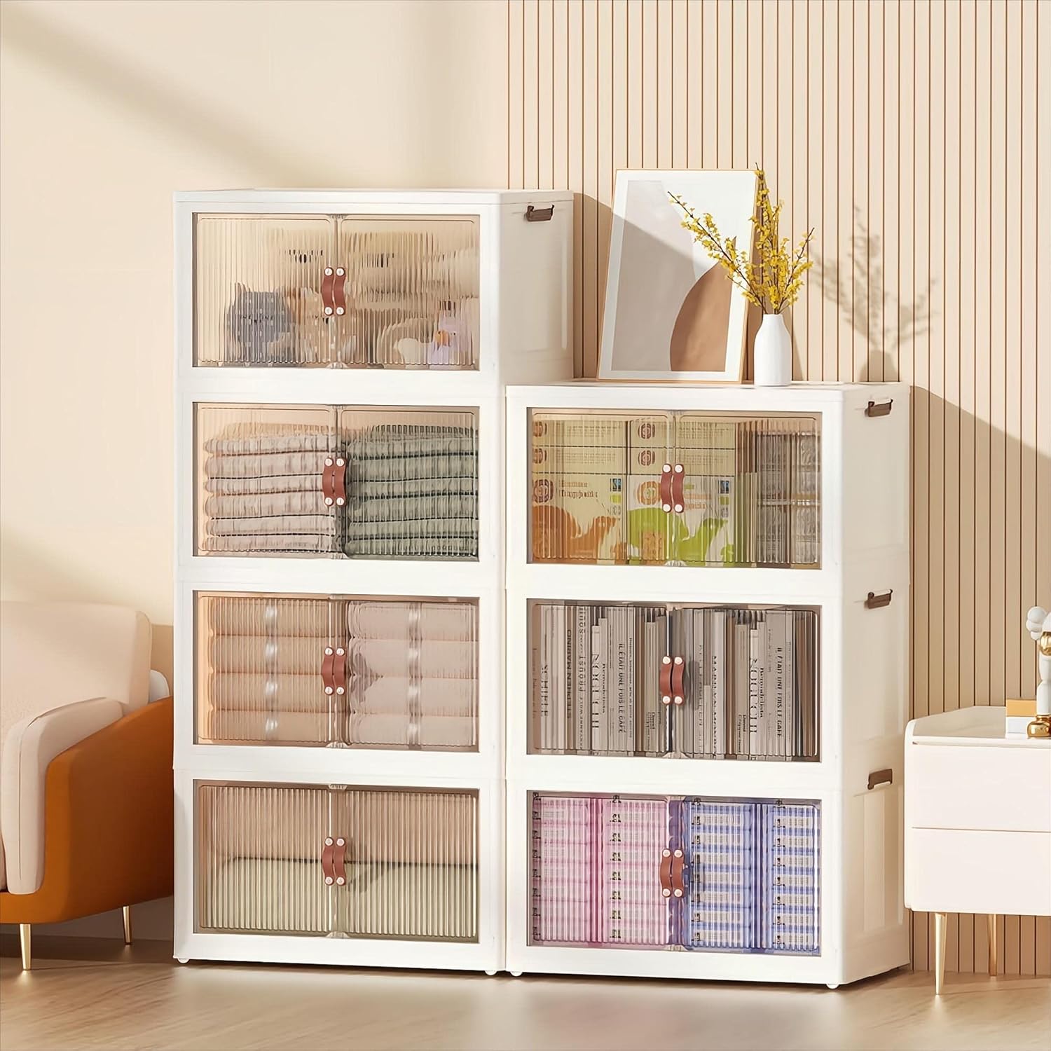MUMUPACK Contenedores de almacenamiento de plástico de 5 niveles con ruedas de 14 galones, contenedores de almacenamiento apilables con puertas,