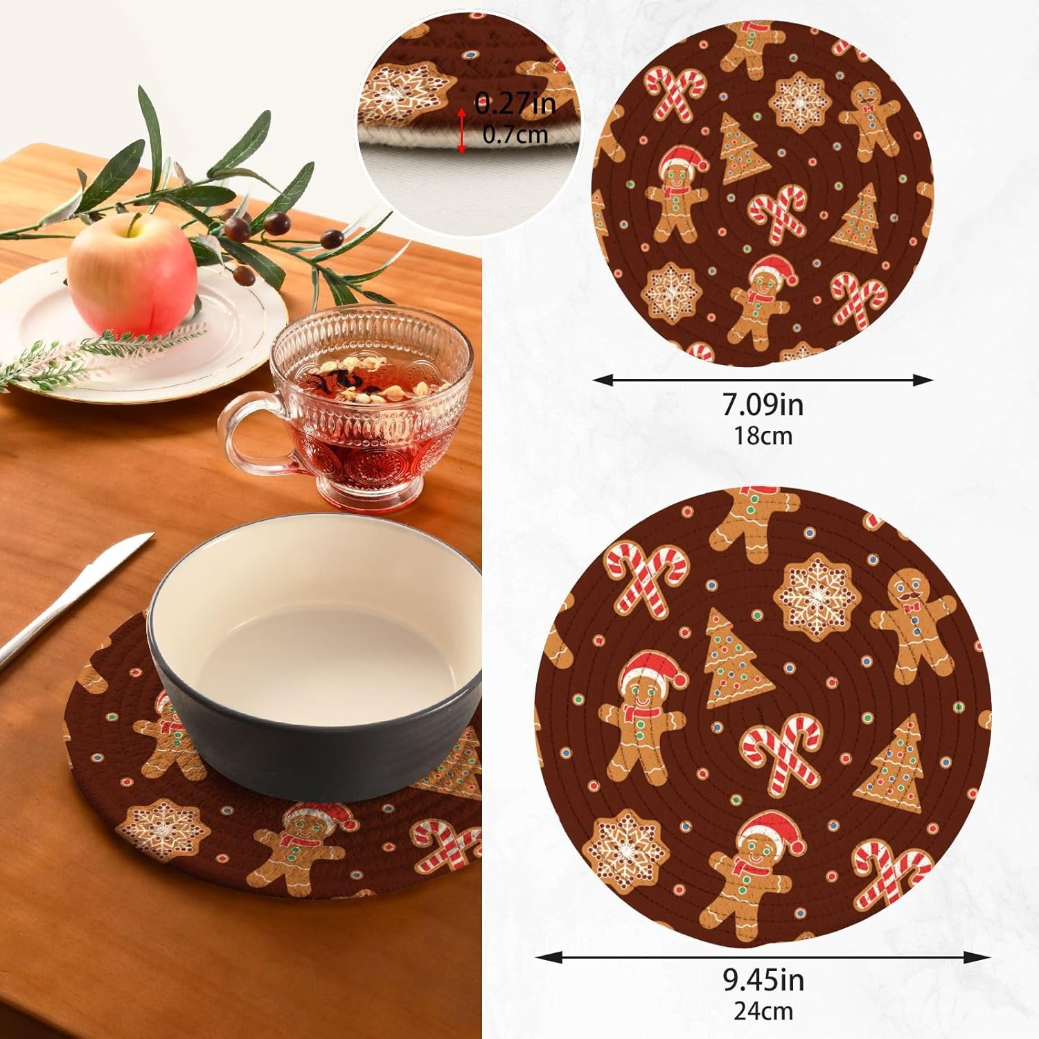 Salvamanteles de Navidad para pan de jengibre marrón, 2 piezas resistentes al calor para platos calientes, bastón de caramelo, galletas de Navidad,