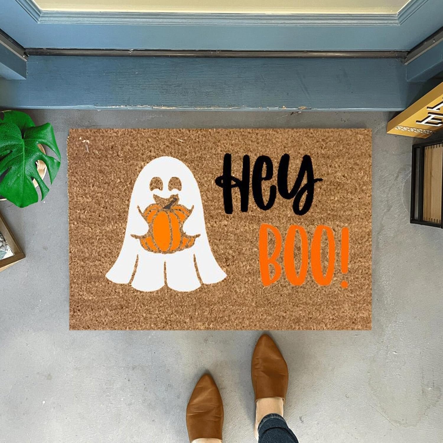 Felpudo de Halloween para interiores con estampado de coco Hey Boo, Halloween, fantasma, feliz Halloween, puerta delantera, entrada al aire libre,