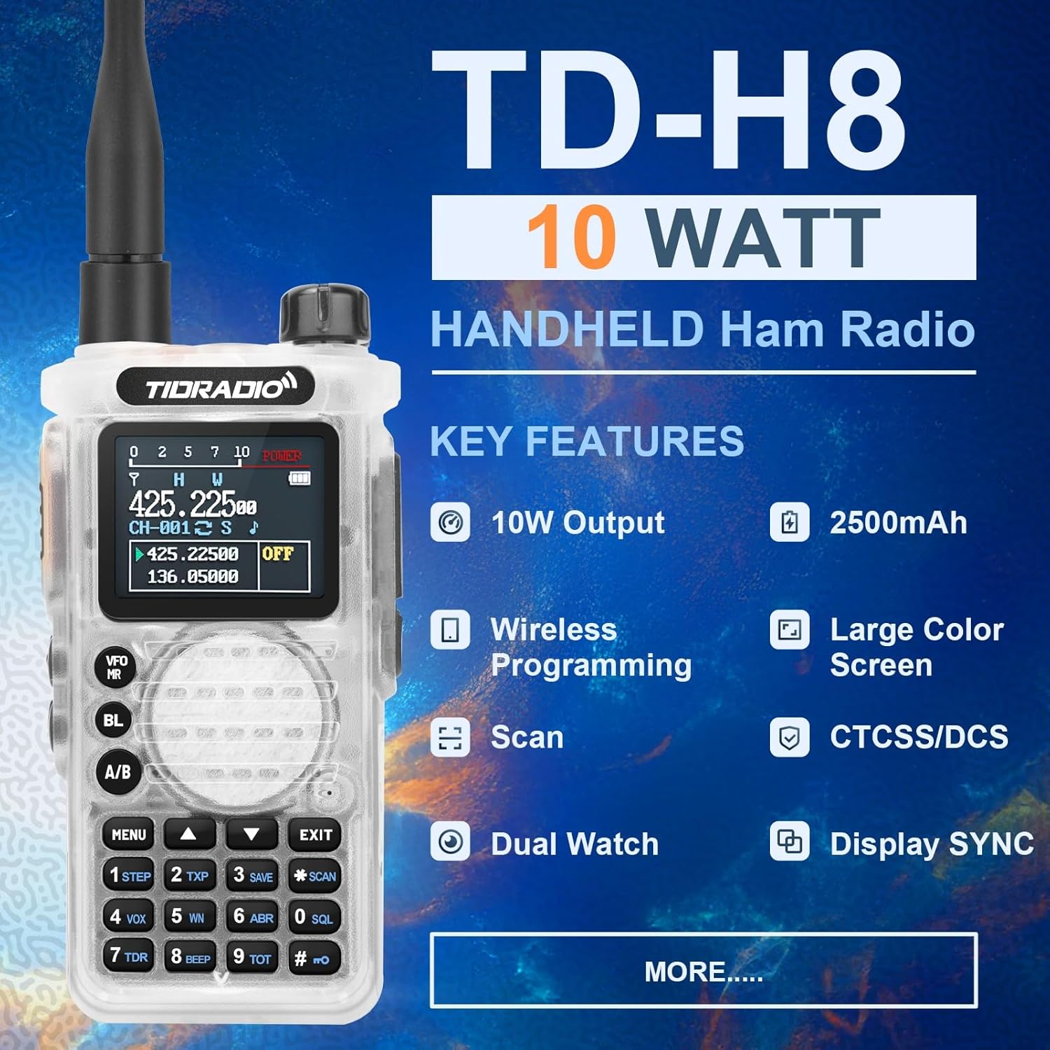 TIDRADIO TD-H8 – Radio jamón de alta potencia de 10 W programable, radio bidireccional de banda dual de largo alcance con batería grande de 2500 mAh