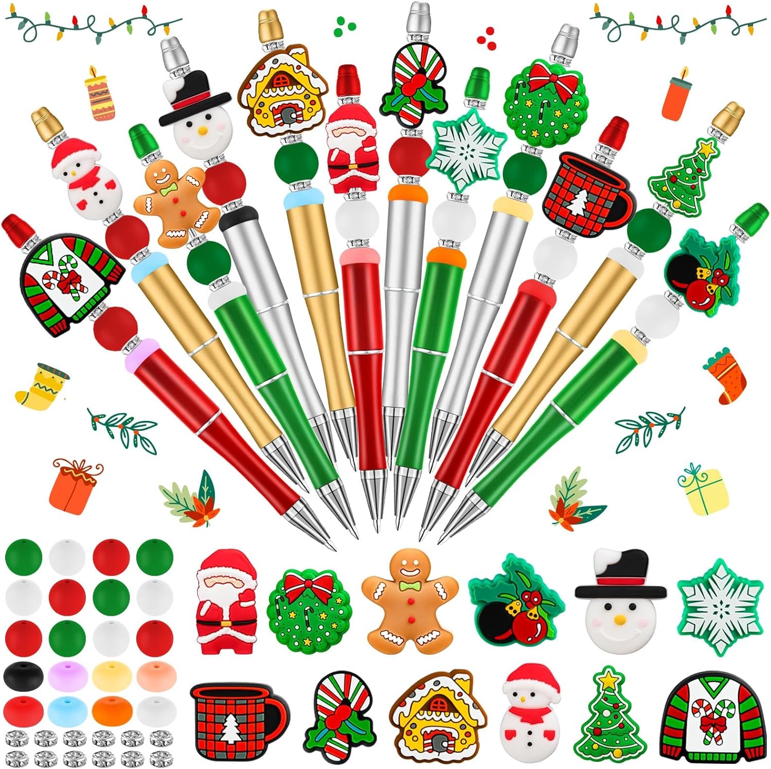 12 bolígrafos de Navidad con cuentas, bolígrafos de cuentas de plástico, bolígrafos de cuentas de silicona, muñecos de nieve, Papá Noel, para