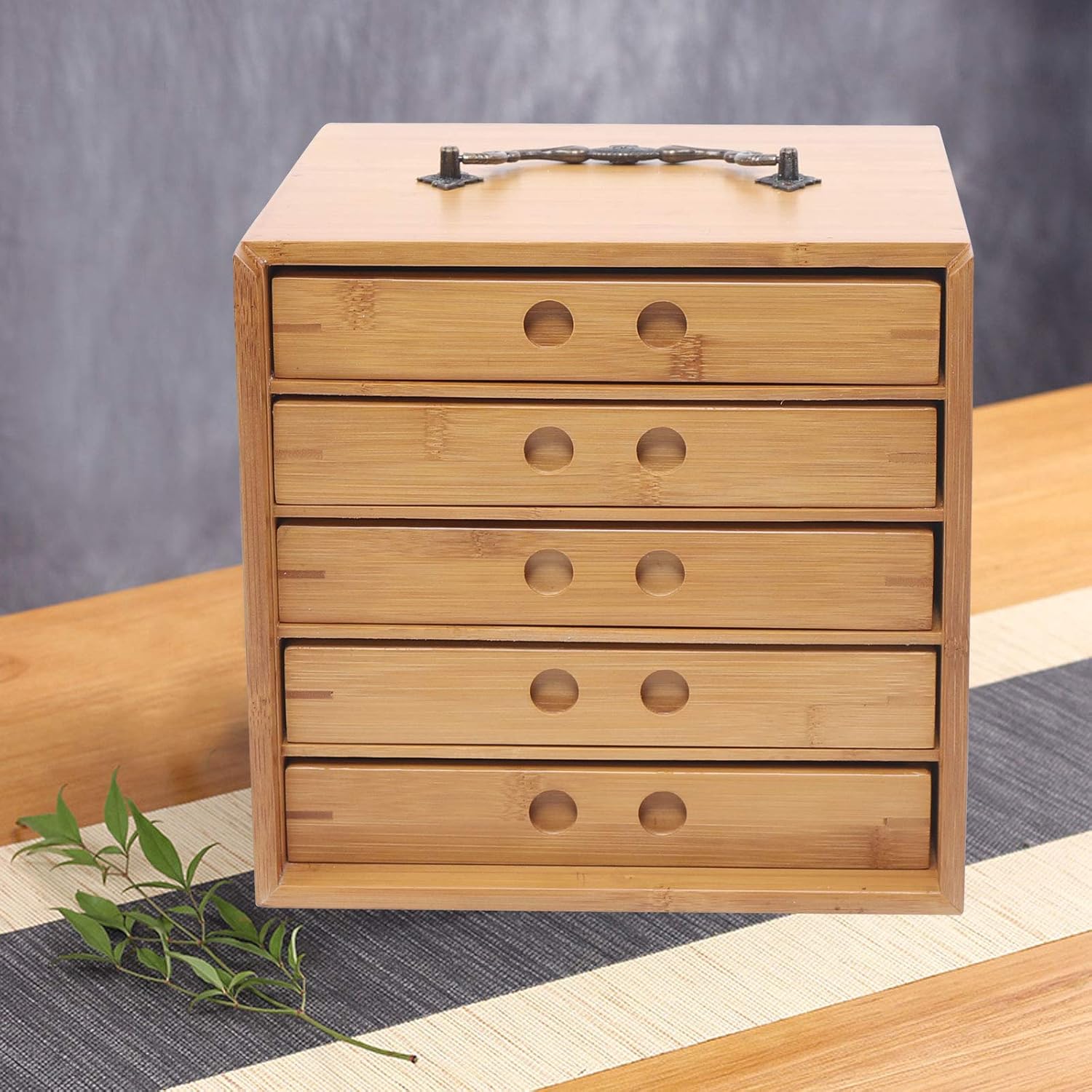 Caja de té de bambú natural de 5 capas, organizadores de té de madera y almacenamiento, gran baúl de té de madera con cajón deslizante para té Pu’er
