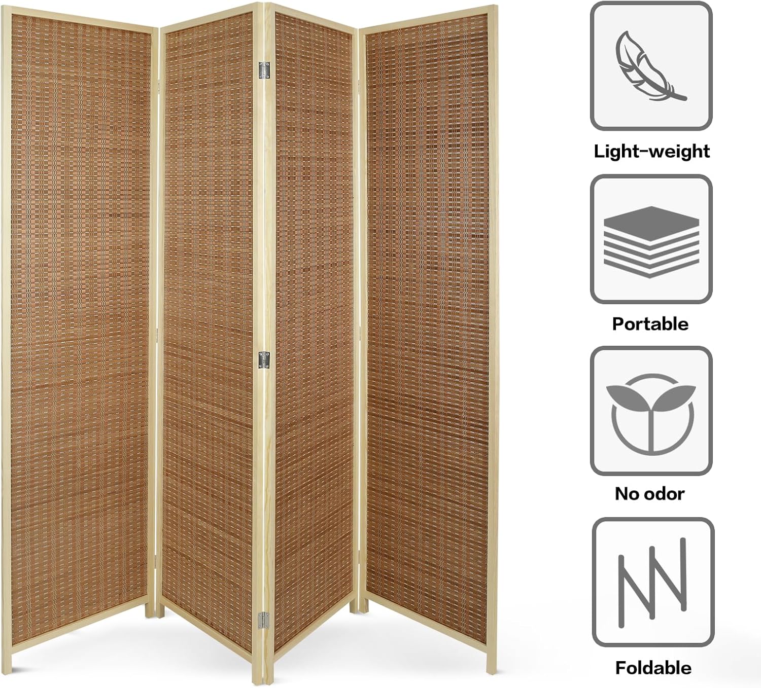 ECOMEX Divisor de habitación de 4 paneles, pantallas de privacidad plegables, divisor de bambú independiente, divisor de partición para separación