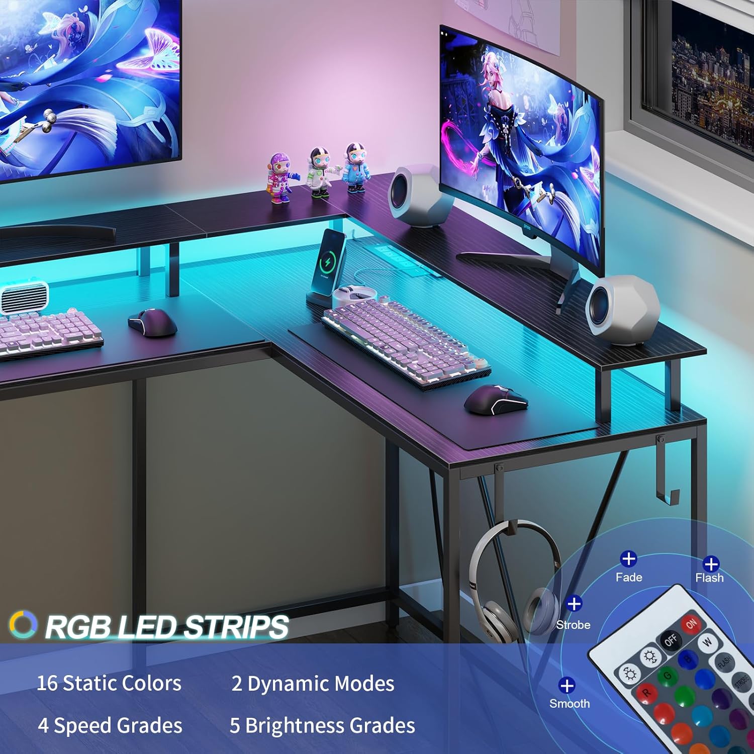 Eivanet Escritorio para juegos en forma de L con tomas de corriente y luces LED, escritorio para computadora con soporte para monitor y estante de
