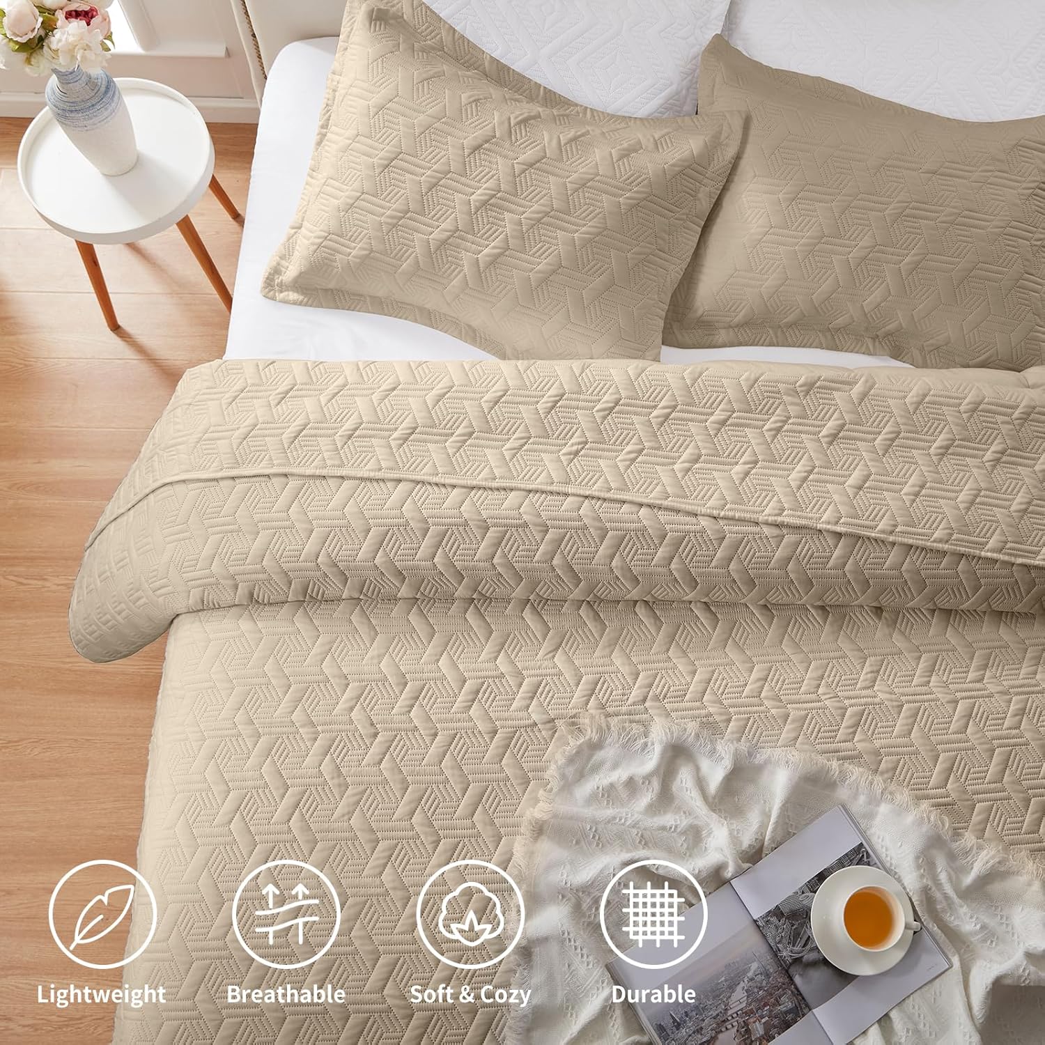 Juego de edredón de 3 piezas tamaño California King, colcha ligera de color beige de 118 x 106 pulgadas, edredón de verano de microfibra suave,