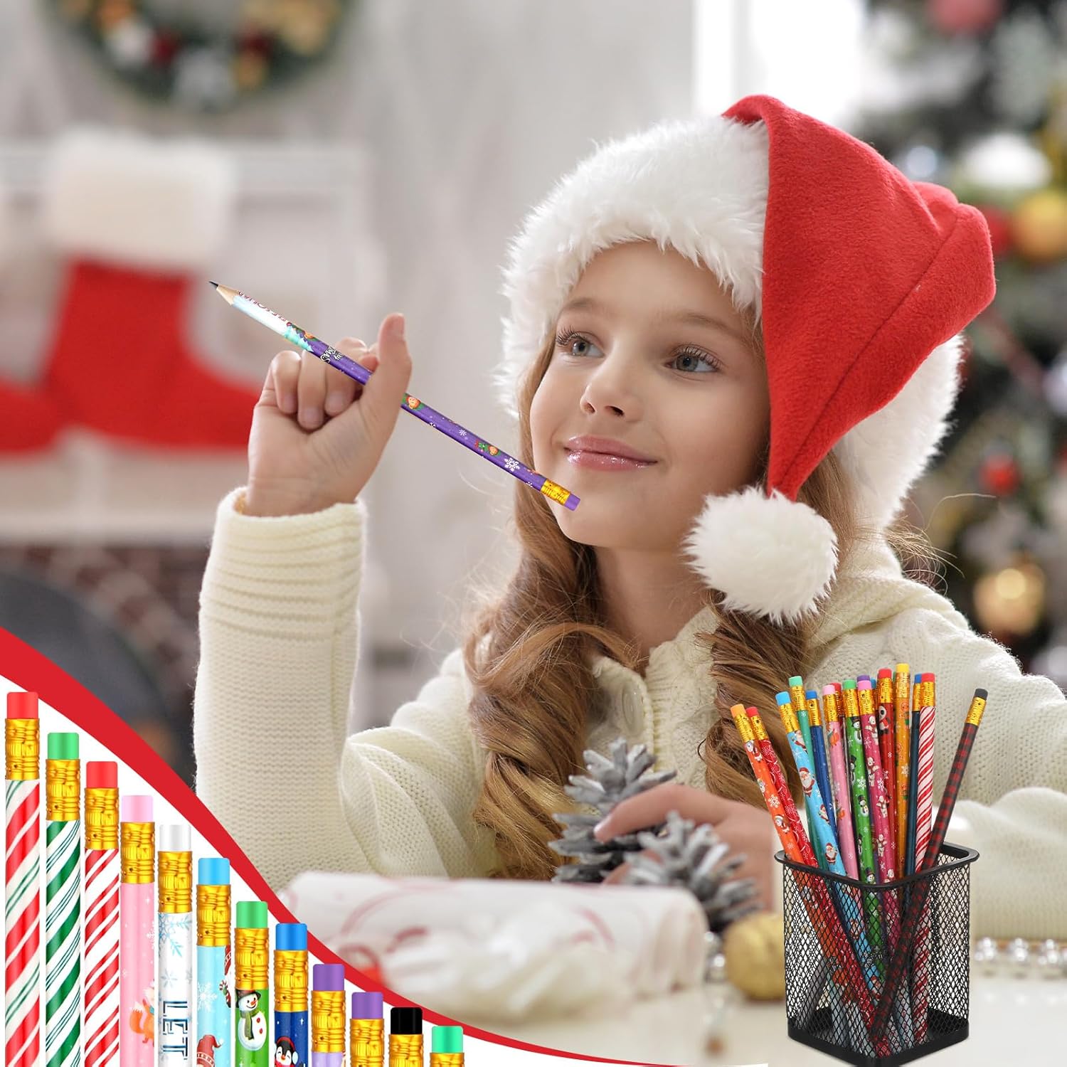 100 lápices de regalo a granel, recuerdos de papelería de vacaciones de invierno para niños, 20 estilos, lápices de madera 2B con borradores para