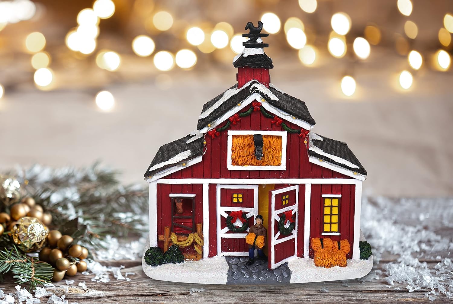 Christmas Village Farm Country Barn  Edificio coleccionable de aldea de nieve musical iluminada  Casas de pueblo de Navidad  Complemento perfecto