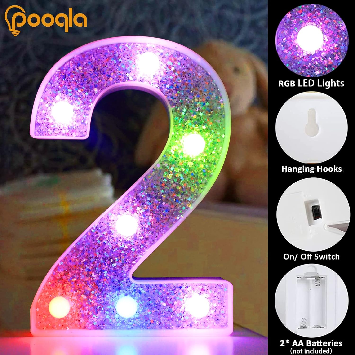 Pooqla Números iluminados coloridos, luces LED plateadas de números de marquesina que funcionan con pilas, 16 colores con purpurina para niñas,