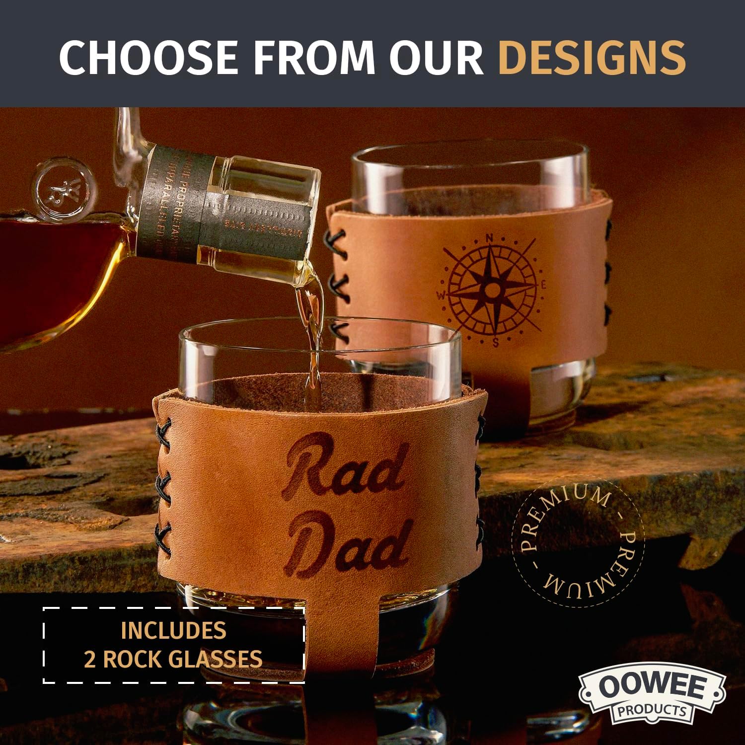Oowee – Juego de 2 vasos de whisky de 9.6 onzas y vasos de estilo antiguo, gran regalo para hombres, funda fabricada en los Estados Unidos, Rad Dad