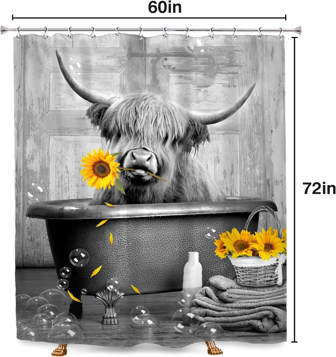 SVBright Divertida cortina de ducha de vaca de las tierras altas, 60 pulgadas de ancho x 72 pulgadas de largo, rústico, granja, girasol, ganado,