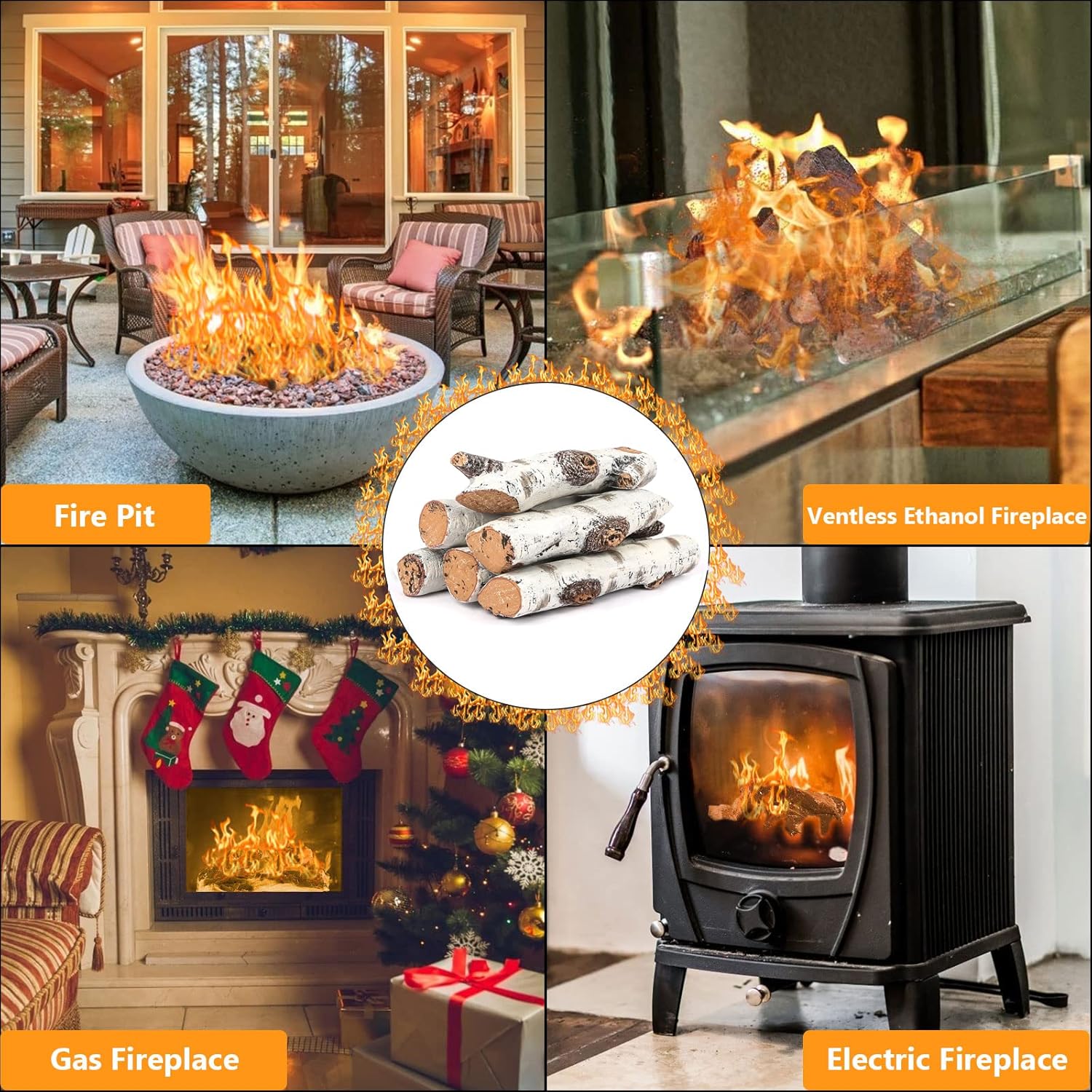 Hisencn Juego de troncos para chimenea de gas, troncos de abedul blanco de cerámica para chimeneas de gas, ventilados, chimeneas de gas eléctricas,