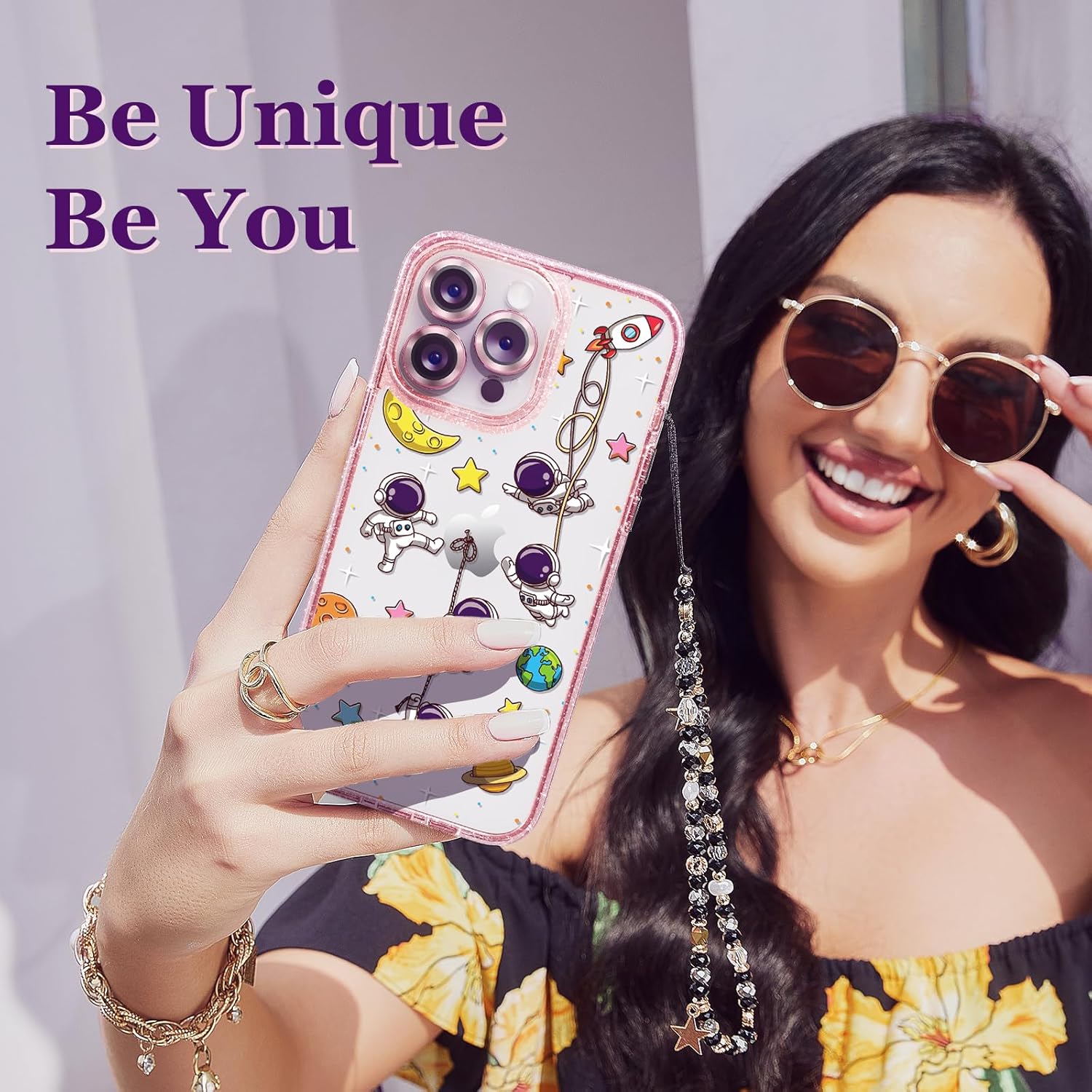 casevivid Funda compatible con iPhone 15 Pro, bonita estética, funda de teléfono rosa con purpurina y protector de cámara, diseño de astronauta