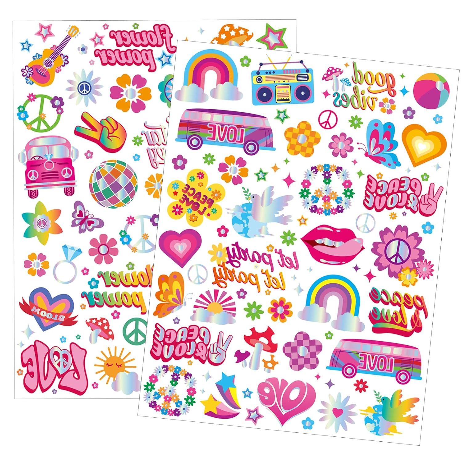 Qpout 86 tatuajes temporales hippie con purpurina para niños, impermeables, brillantes, estilos de plata, flor, poder, amor y paz, tatuajes geniales