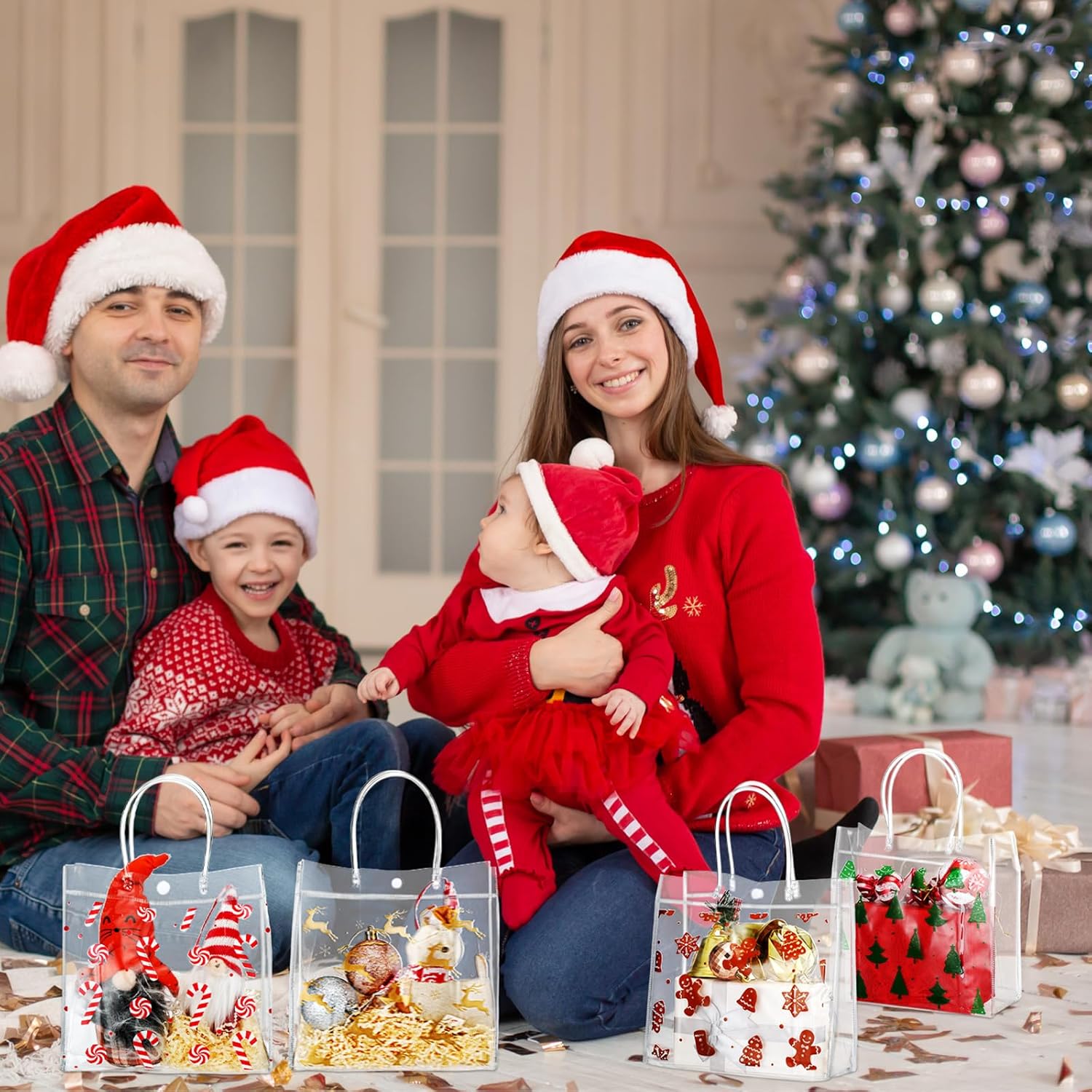 Zhanmai 24 bolsas de regalo de plástico transparente de Navidad con asa, bolsas reutilizables para envolver regalo, árbol de Navidad, pan de