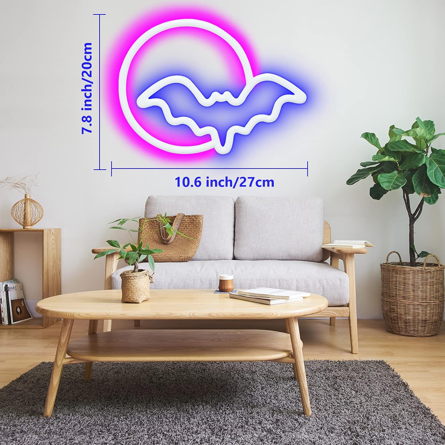 SEMETOR Letreros de neón, luces de neón LED de luna y murciélago, letrero de luz de neón para pared, USB, funciona con pilas, para decoración de