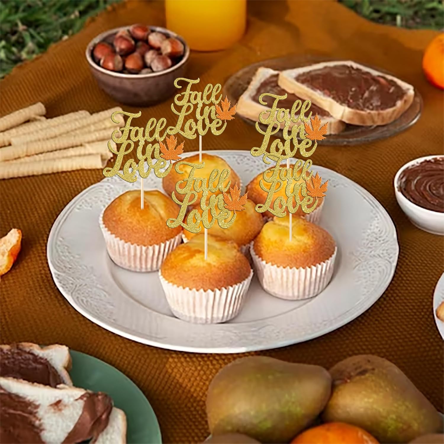 Paquete de 24 adornos para cupcakes con hojas de otoño, día de Acción de Gracias, palillos de dientes, despedida de soltera, decoración de cupcakes